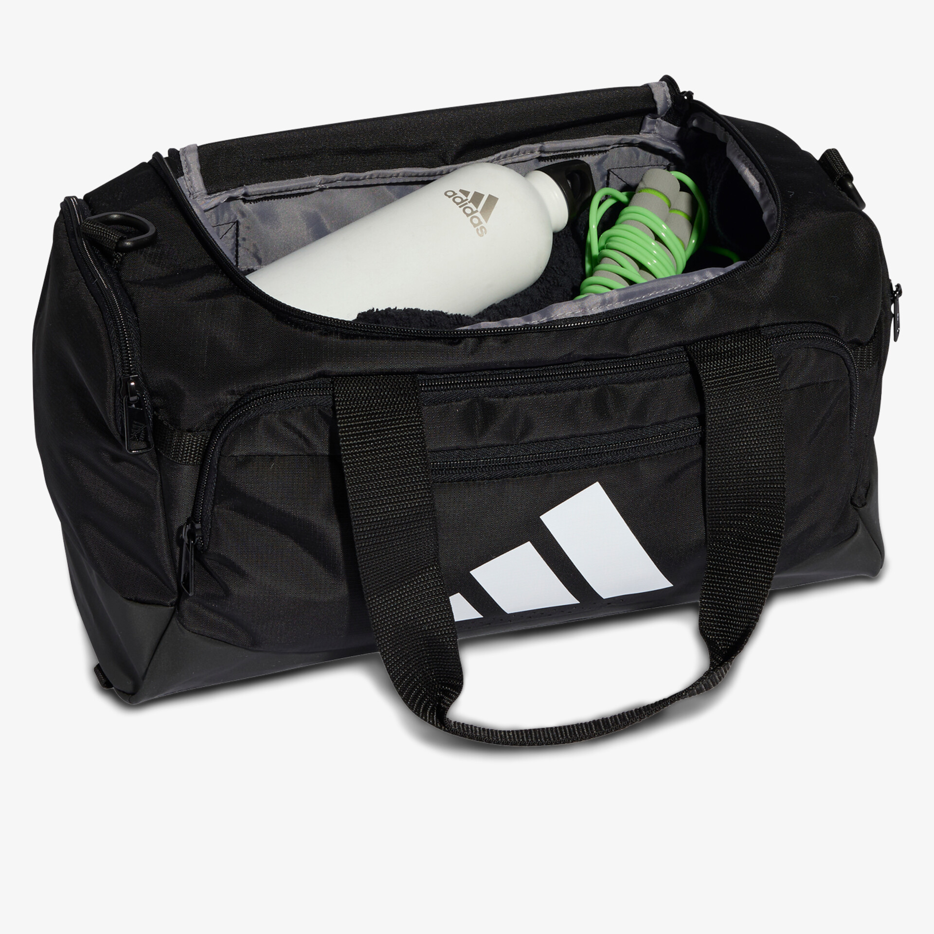 Robuste, geräumige schwarze Sporttasche mit zwei Griffen, praktischem Reißverschluss und weißem Logo