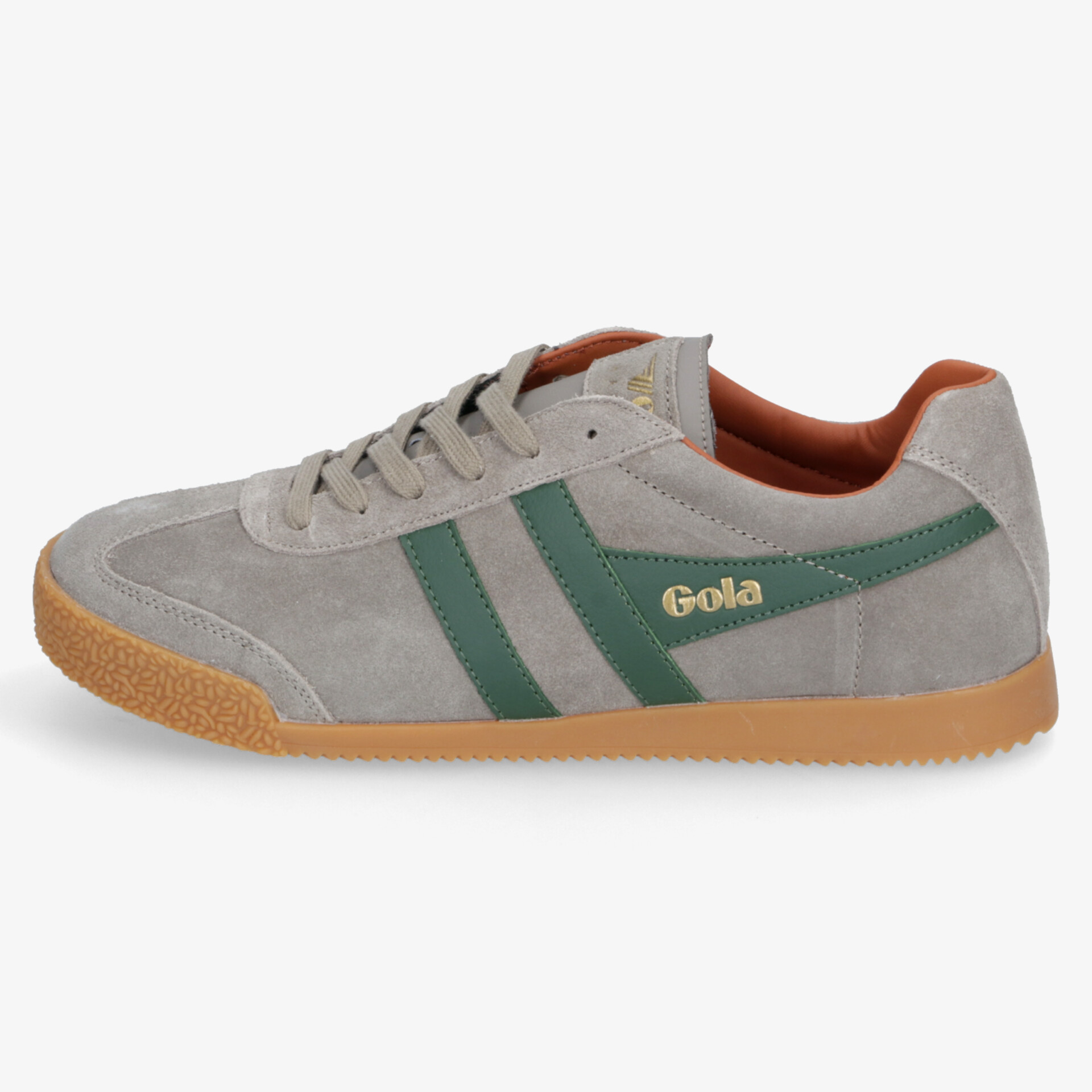Gola Sneaker in grauer Wildlederoptik mit grünem Streifen und brauner Sohle, komfortabel und stylisch