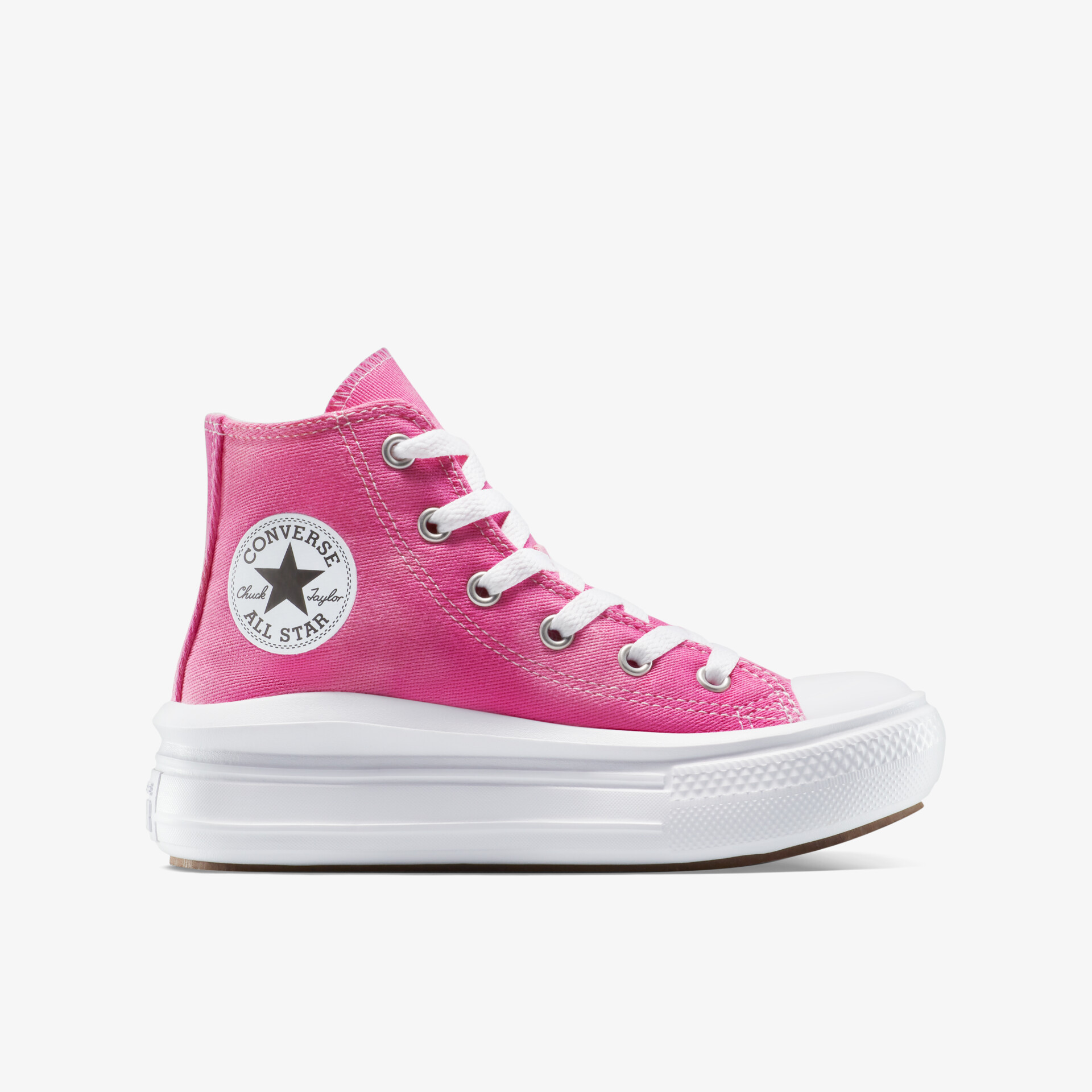 Seitliche Ansicht eines modischen pinken Sneakers mit weißer dicker Sohle und hohem Schaft