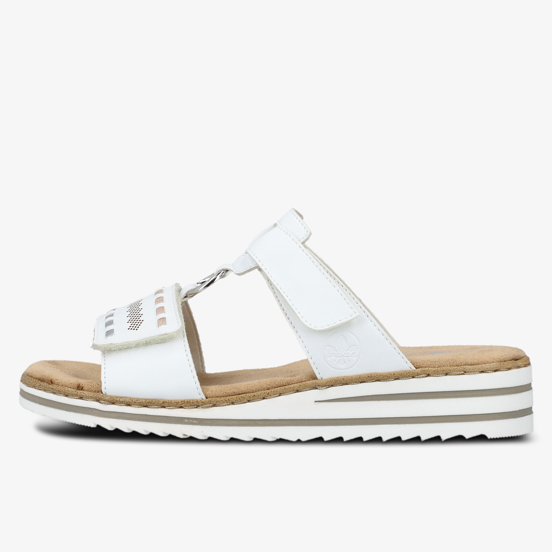 Weiße Sandale mit bequemer Sohle und verstellbarem Riemen, ideal für sommerliche Freizeitaktivitäten