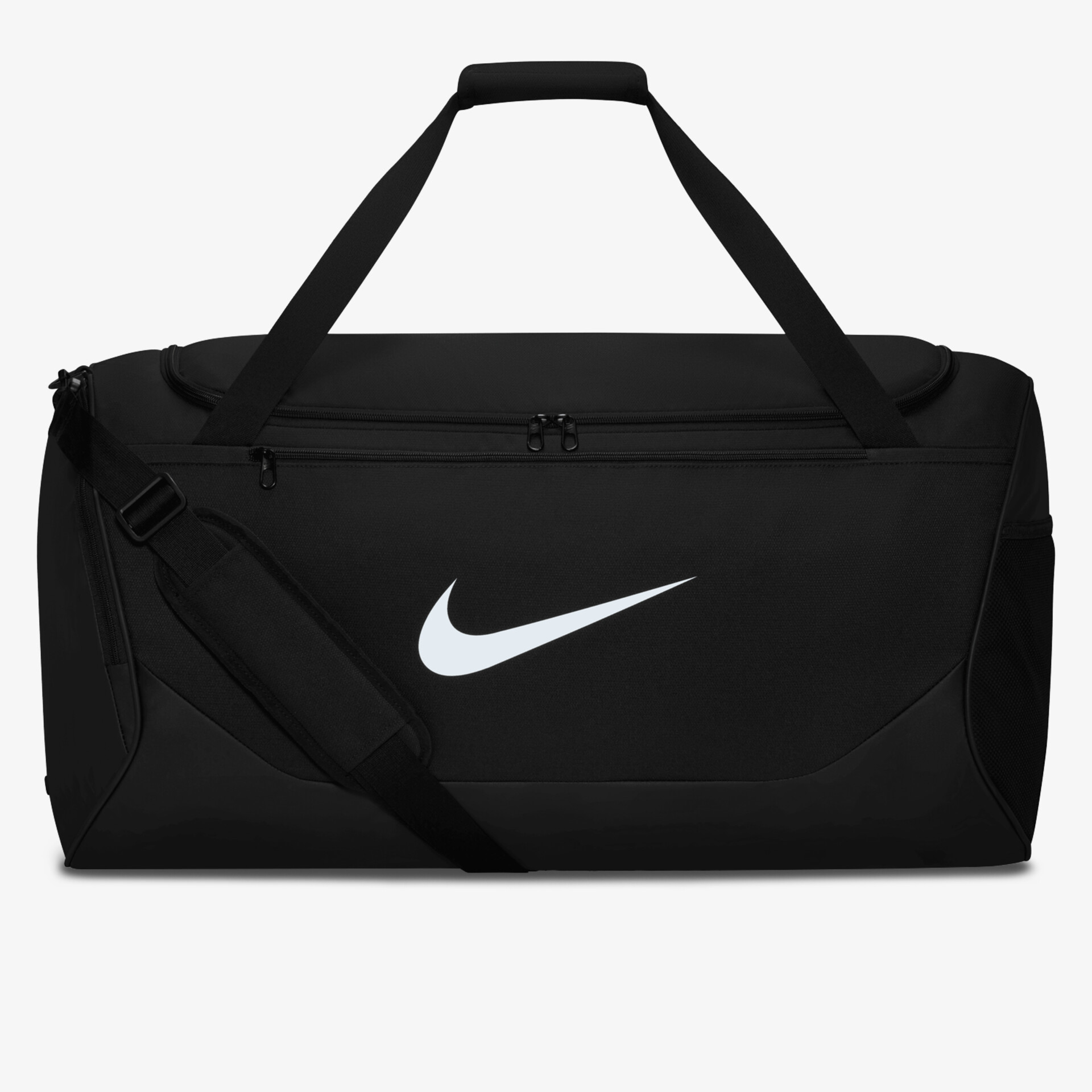 Robuste schwarze große Sporttasche mit verstellbarem Schulterriemen und weißem Nike Logo