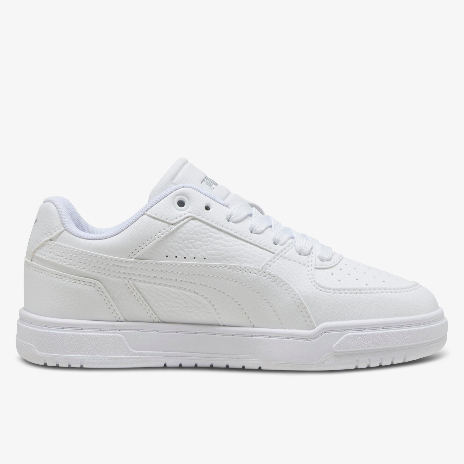 Weißer sportlicher Sneaker mit gepolsterter Sohle und robustem Obermaterial, seitliche Ansicht