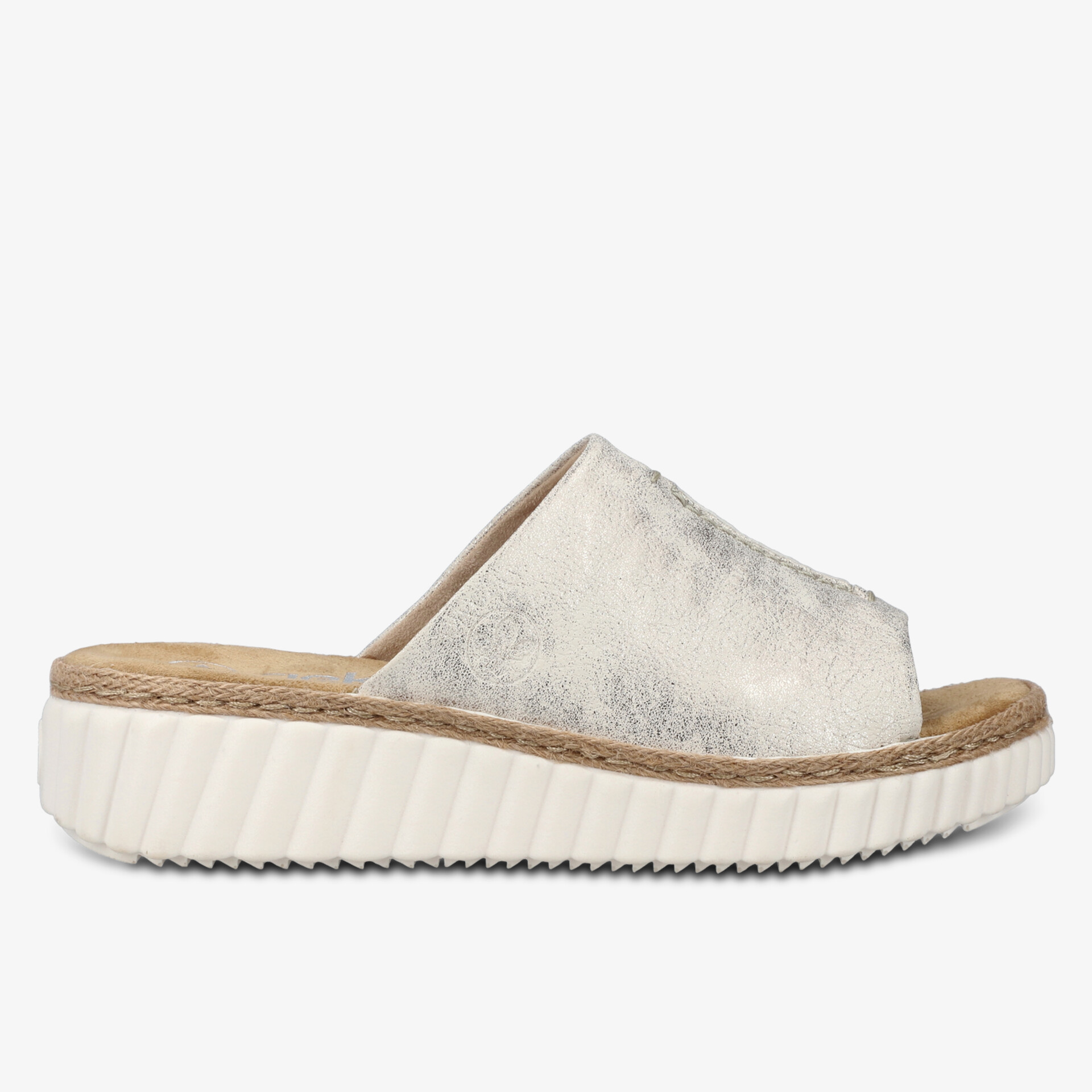 Bequeme, offene Sandale mit weicher Decksohle und rutschfester Laufsohle in modernem Design, seitliche Ansicht