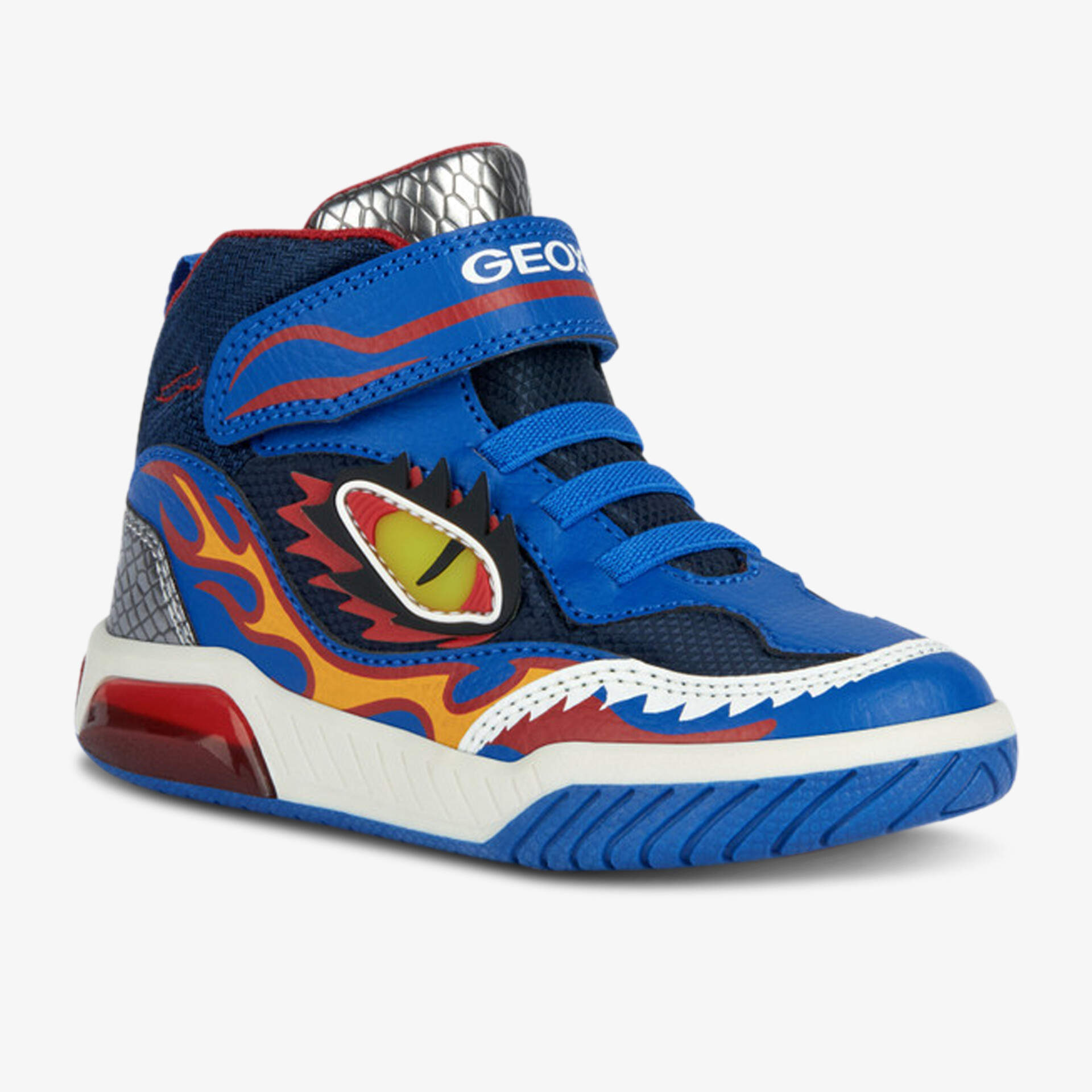 Buntes High-Top Sneaker mit Flammen-Design, Klettverschluss und sportlicher Sohle – ideal für aktiven Lifestyle.