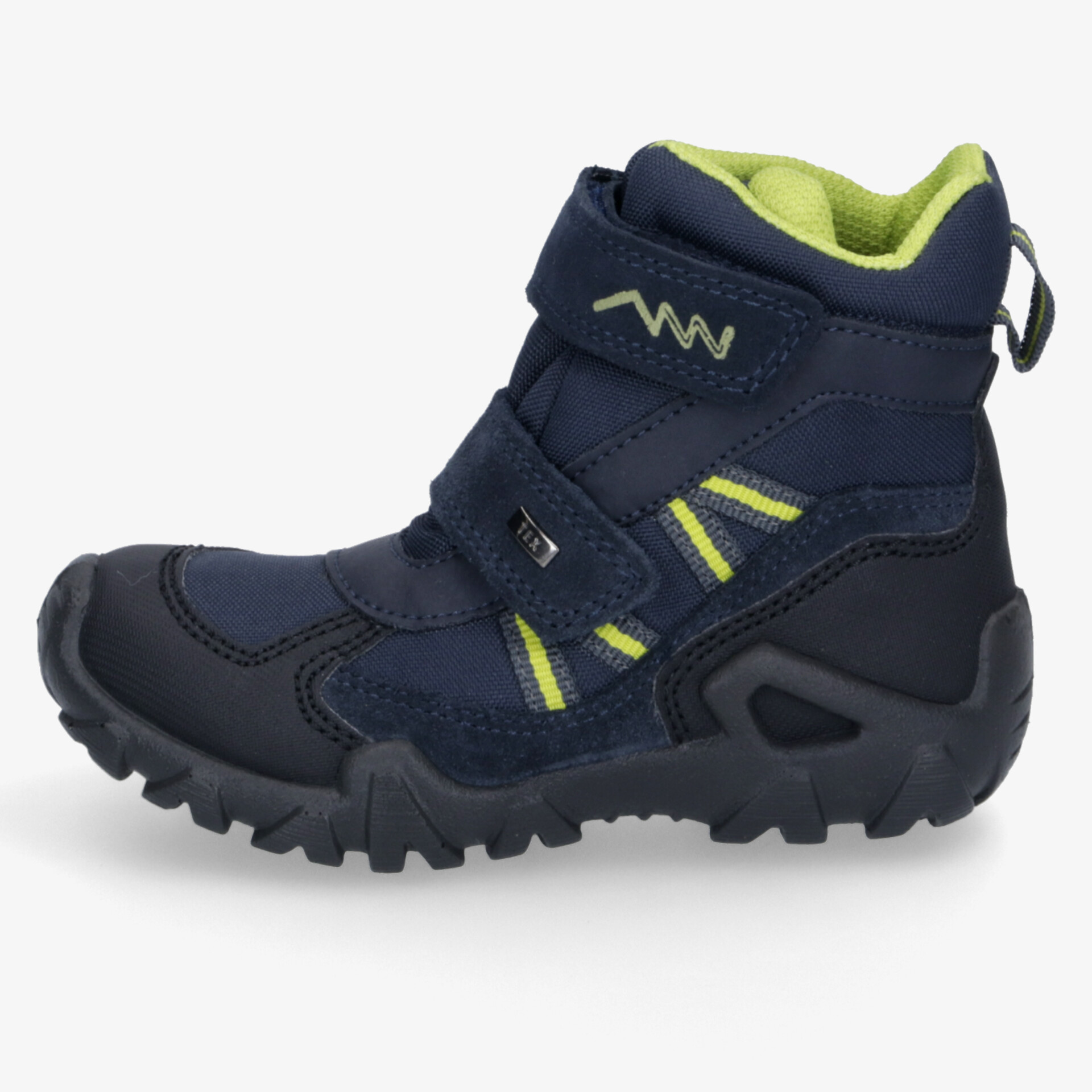 Robuster Wanderschuh in Blau mit rutschfester Profilsohle und bequemen Klettverschlüssen