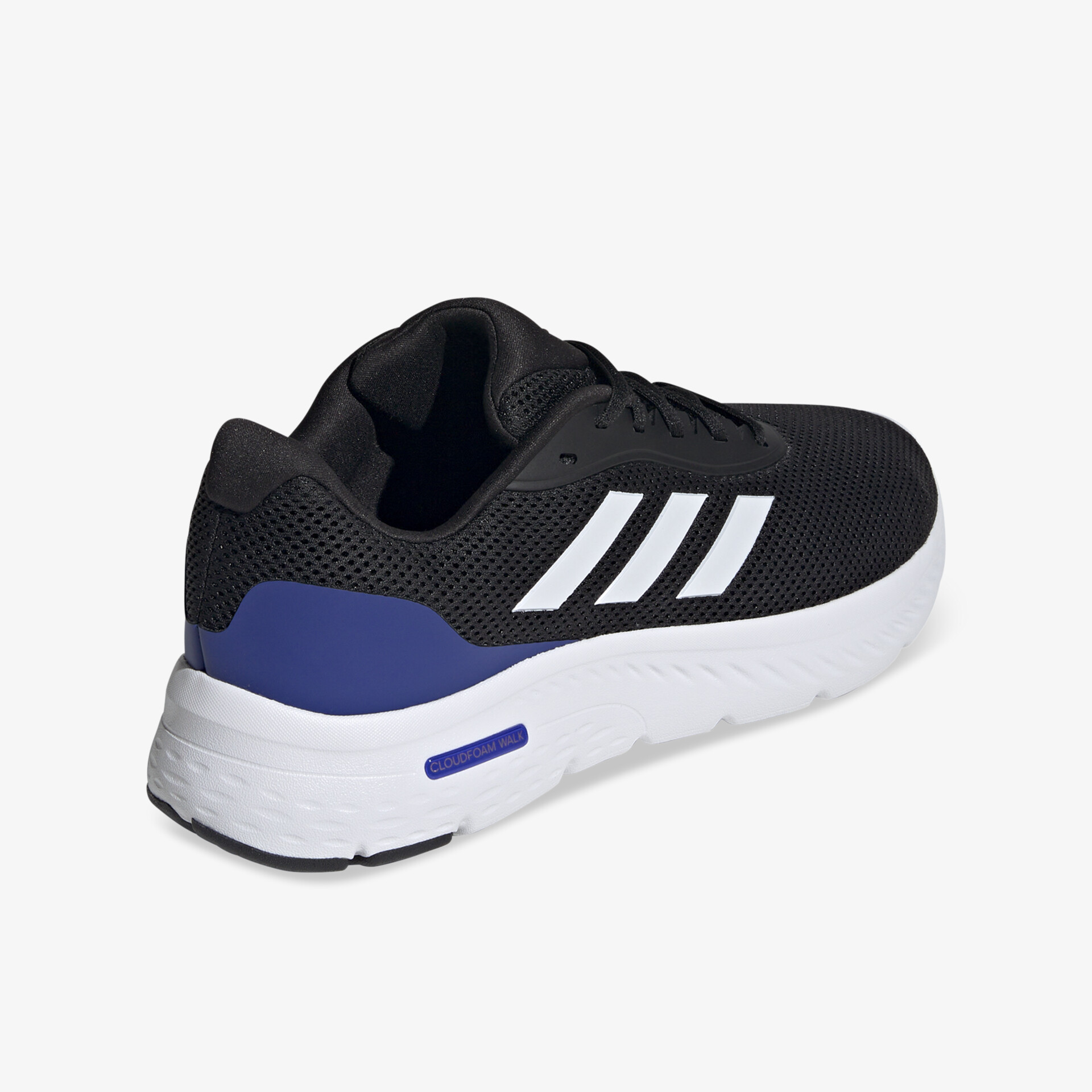 Schwarzer Laufschuh mit weißer Sohle und blauem Akzent, atmungsaktiv und bequem für sportliche Aktivitäten