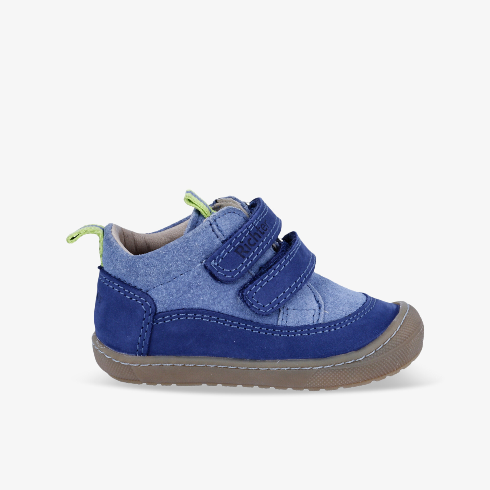 Blauer robuster Kinderschuh mit Klettverschlüssen, rutschfester Sohle und bequemem, gepolstertem Innenfutter