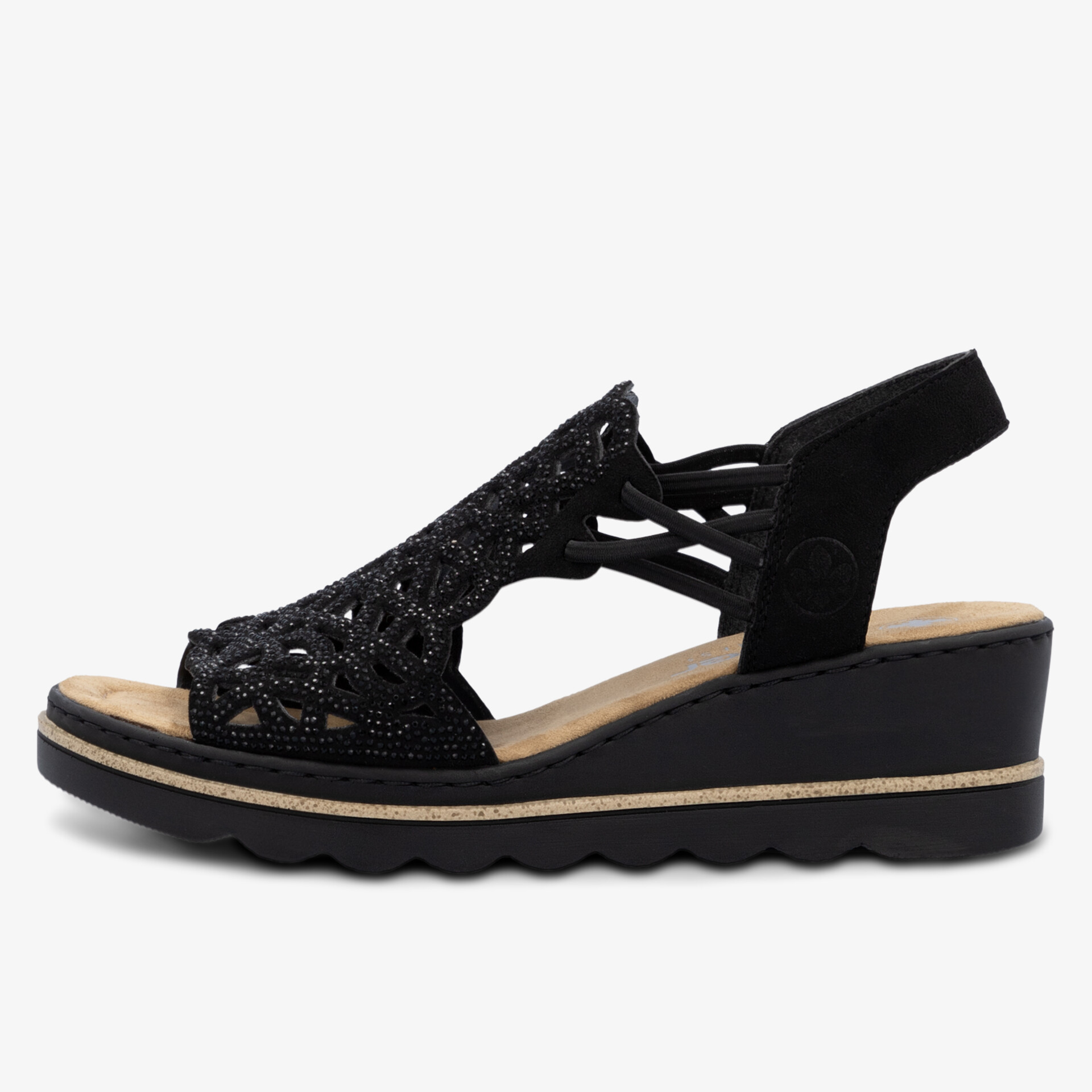 Bequeme Sandale mit Keilabsatz und luftiger, eleganter Optik in Schwarz