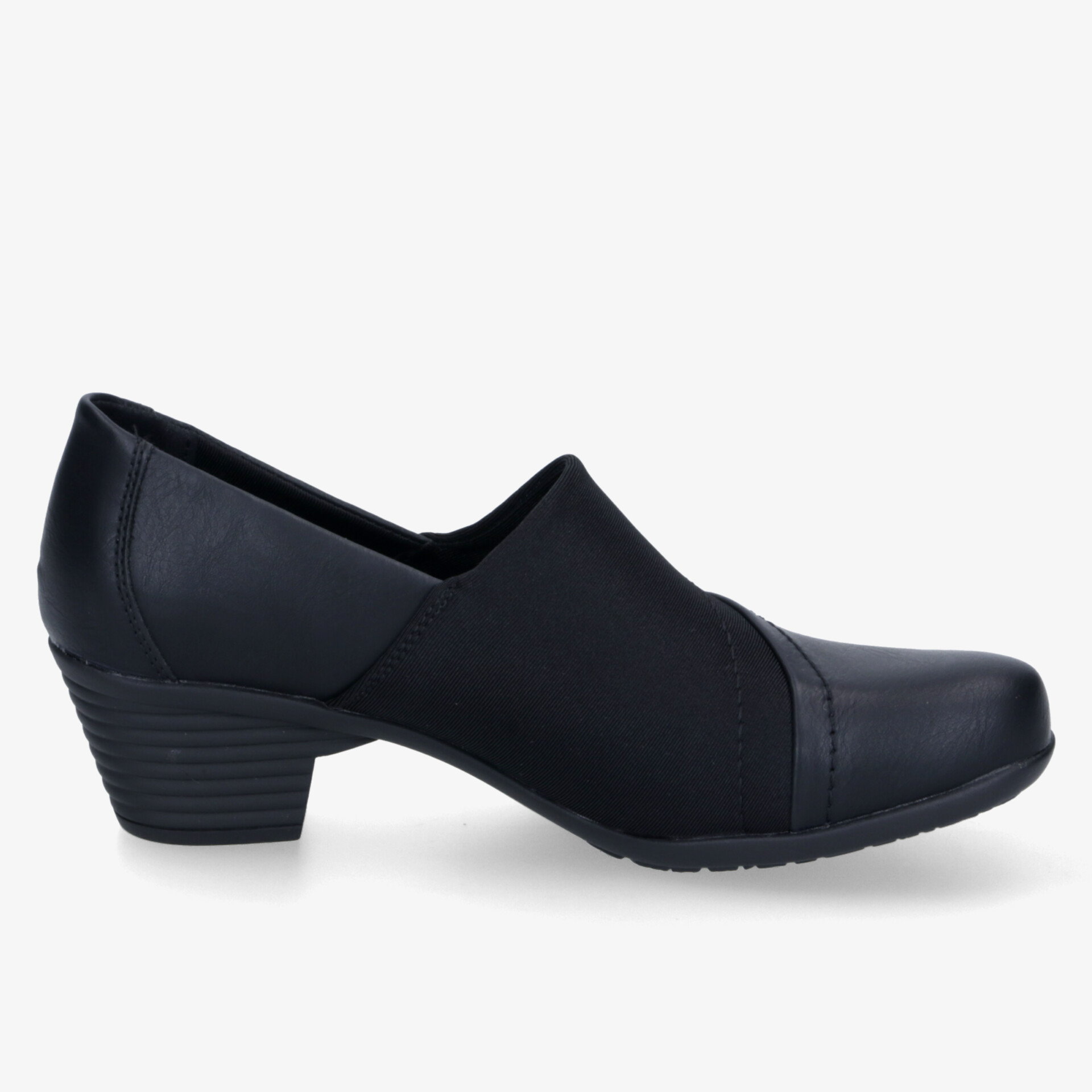 Schwarzer eleganter Schuh mit halbem Absatz und elastischem Einsatz für hohen Tragekomfort, seitliche Ansicht