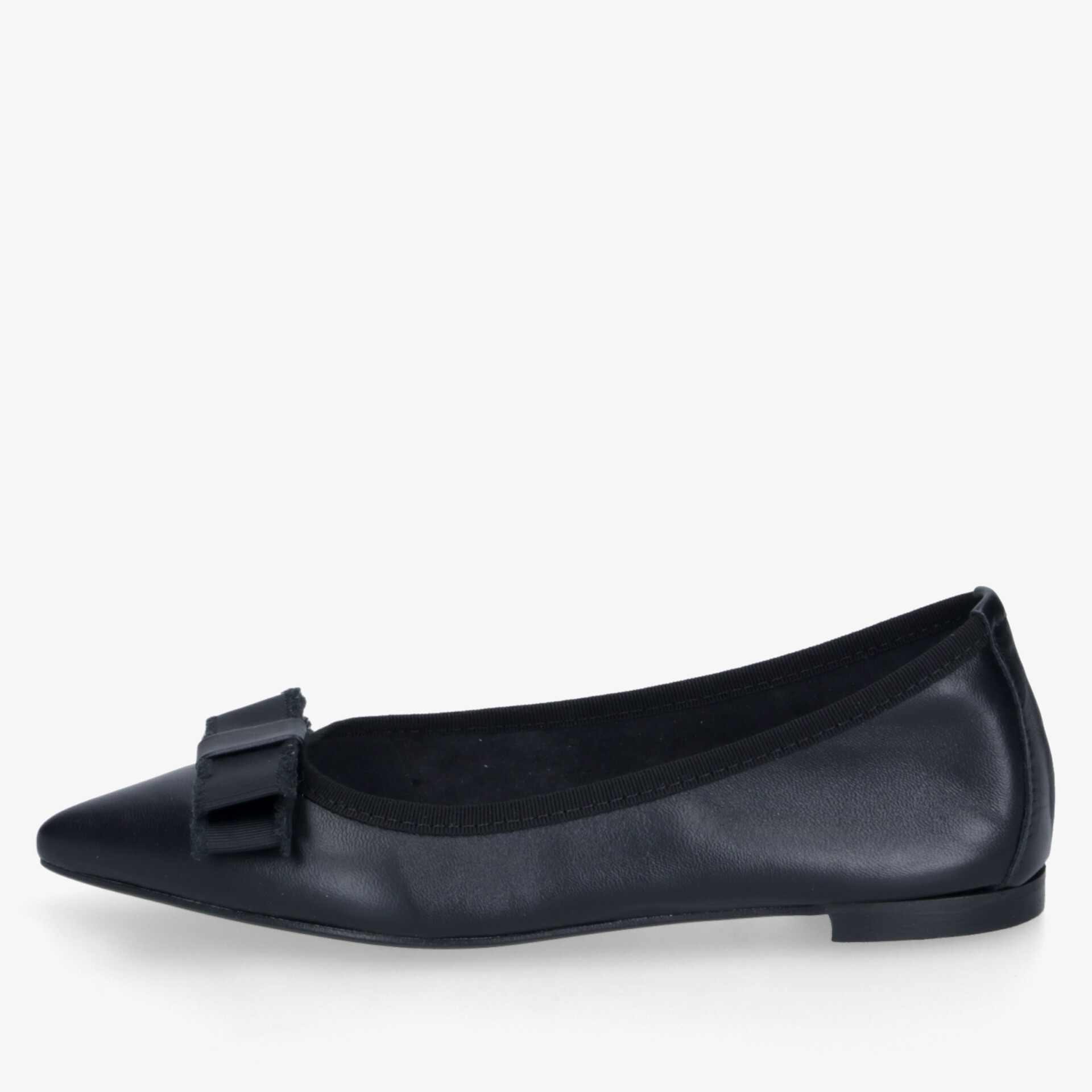 Eleganter schwarzer Ballerina mit Schleife, spitz zulaufend, flacher Absatz, komfortabel und modisch