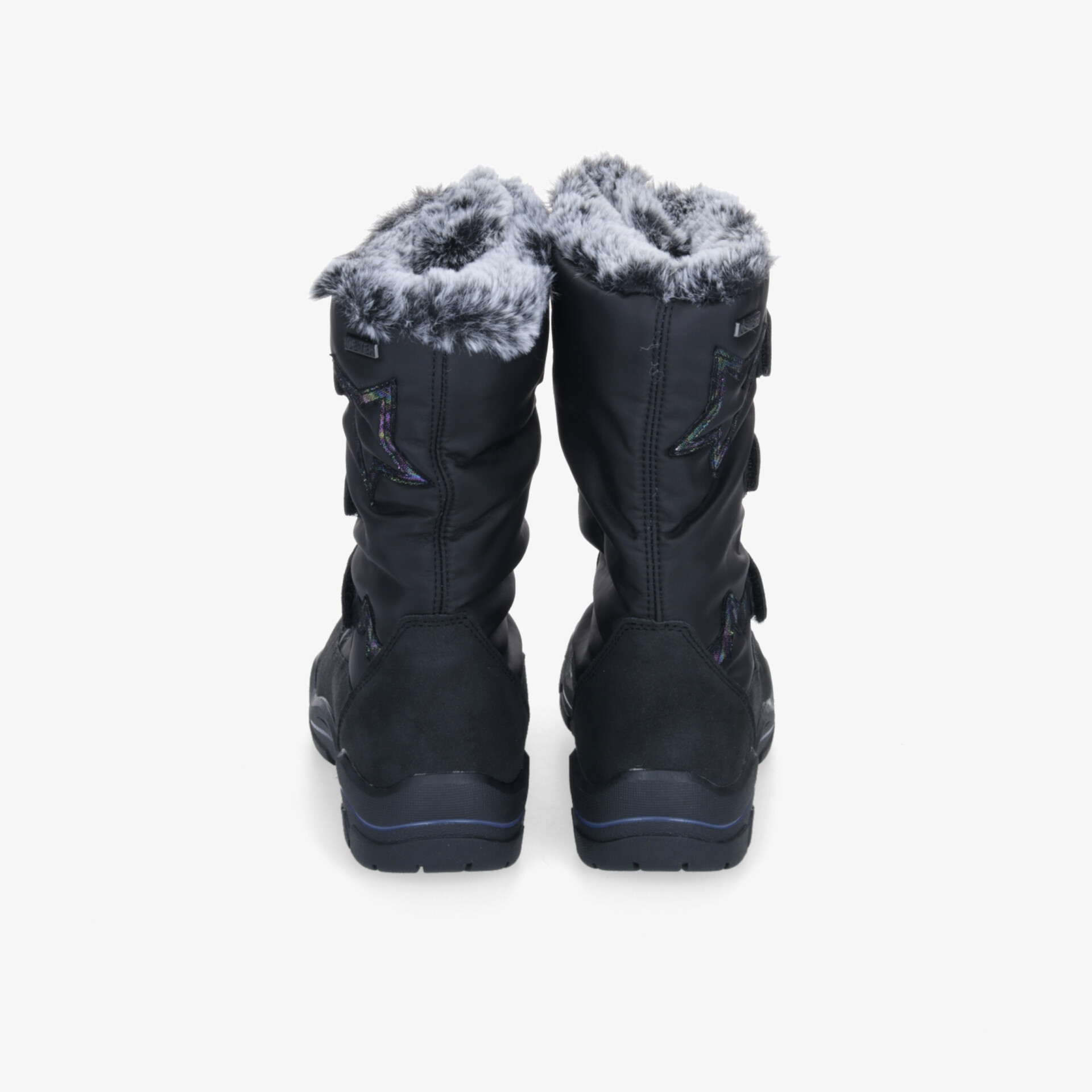 Rückenansicht von schwarzen Winterstiefeln mit Futter, ideal für kalte und schneereiche Tage.