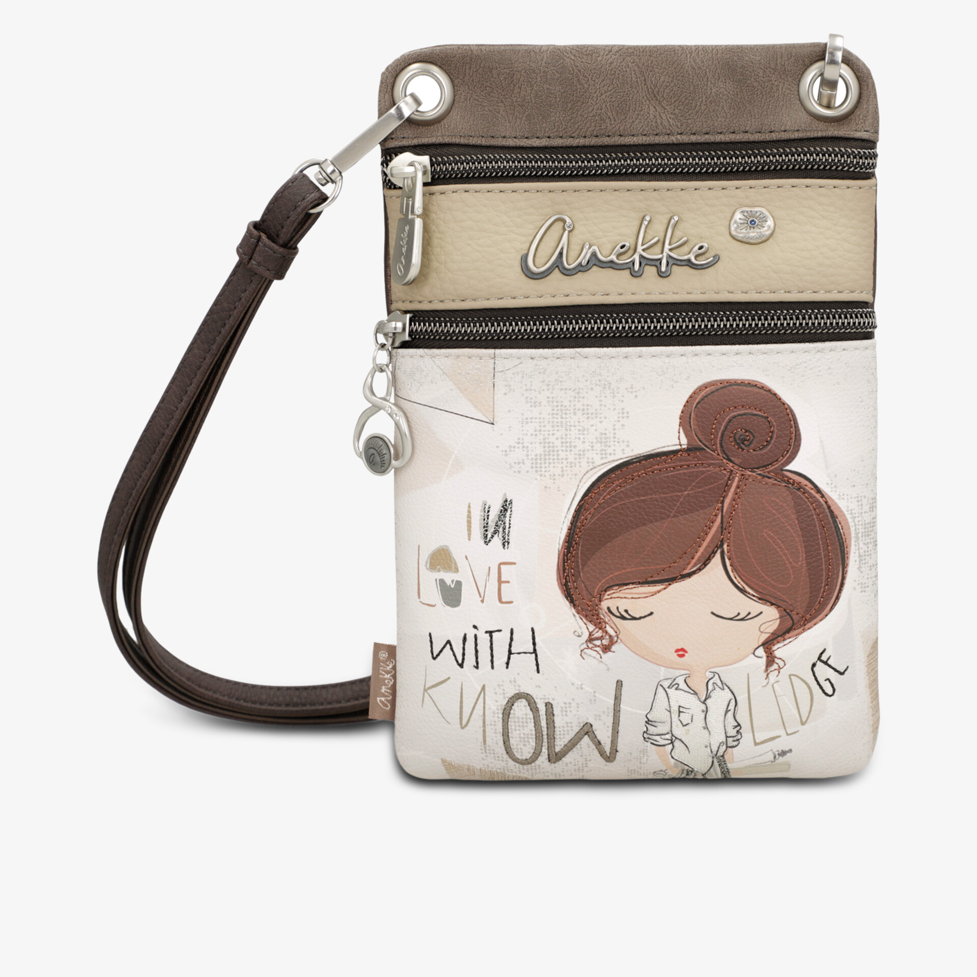 Kompakte Tasche mit verstellbarem Riemen und Reißverschlussfach, dekoriert mit süßer Illustration und Schriftzug.