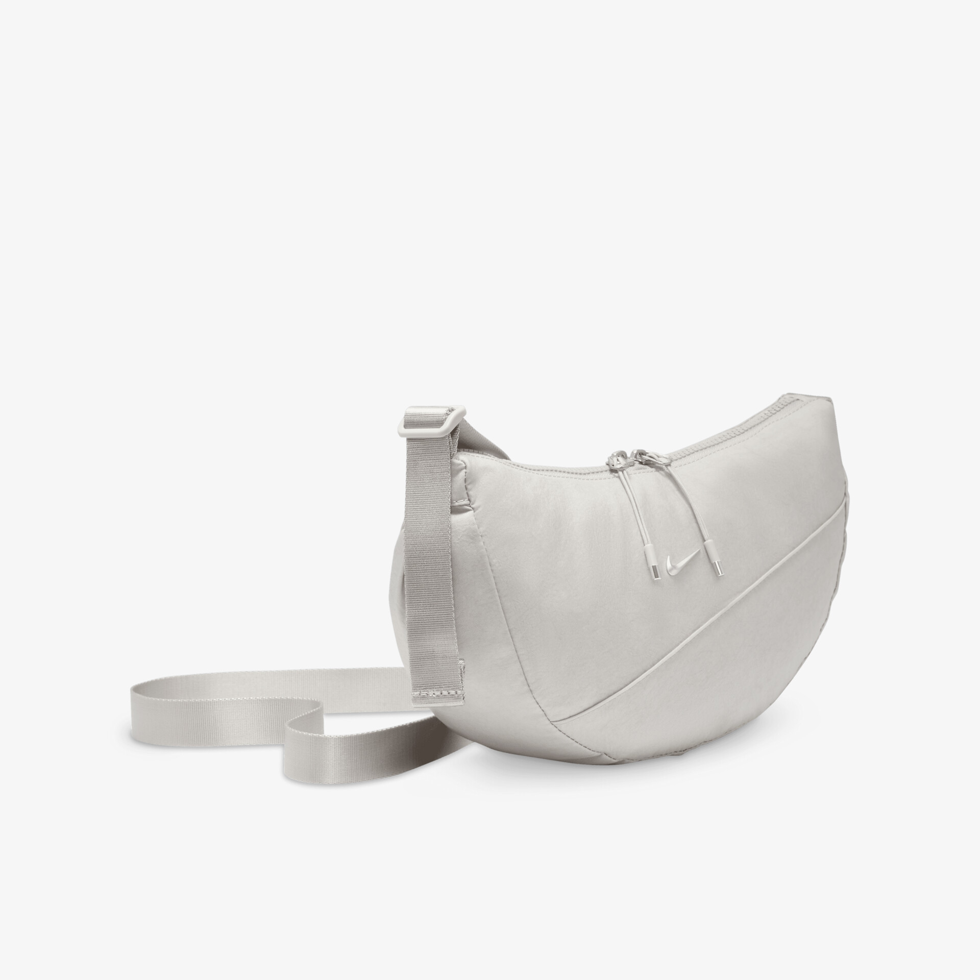 Weiße halbrunde Tasche mit verstellbarem Riemen in klarer Seitenansicht, kompakt und modern gestaltet