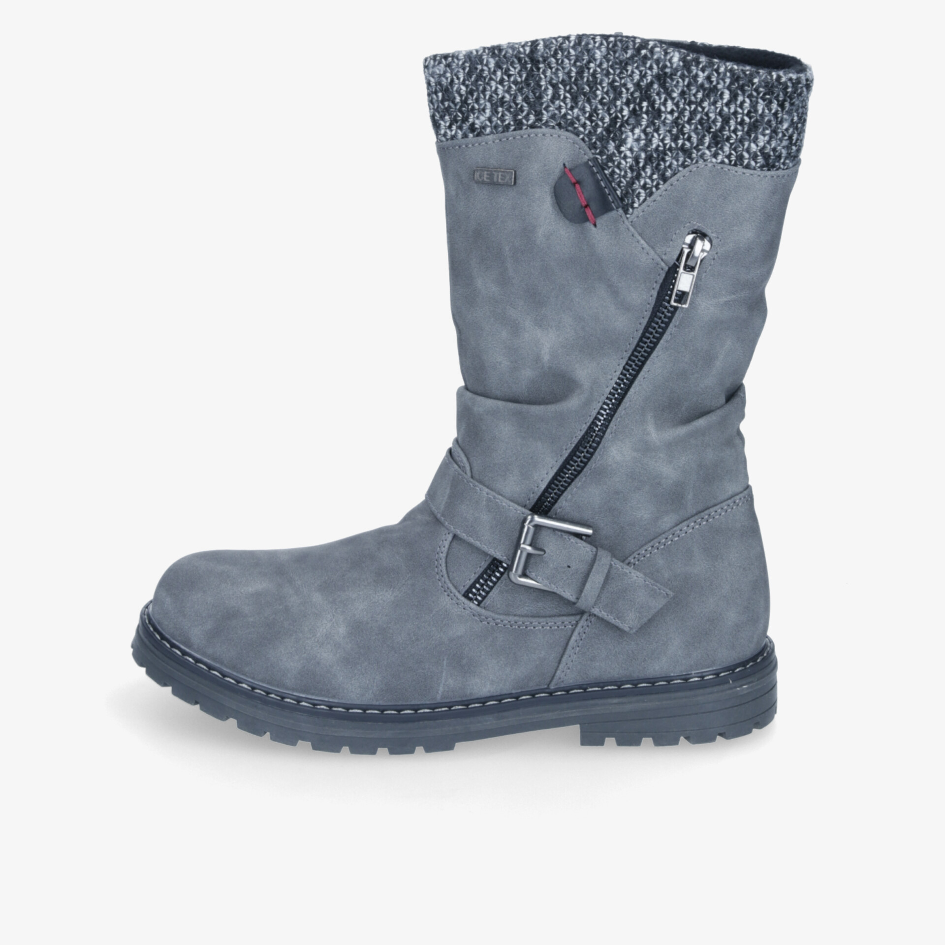 Robuster grauer Stiefel seitlich mit Reißverschluss und verstellbarem Riemen, bequemer warmer Schaft, profilierte Sohle