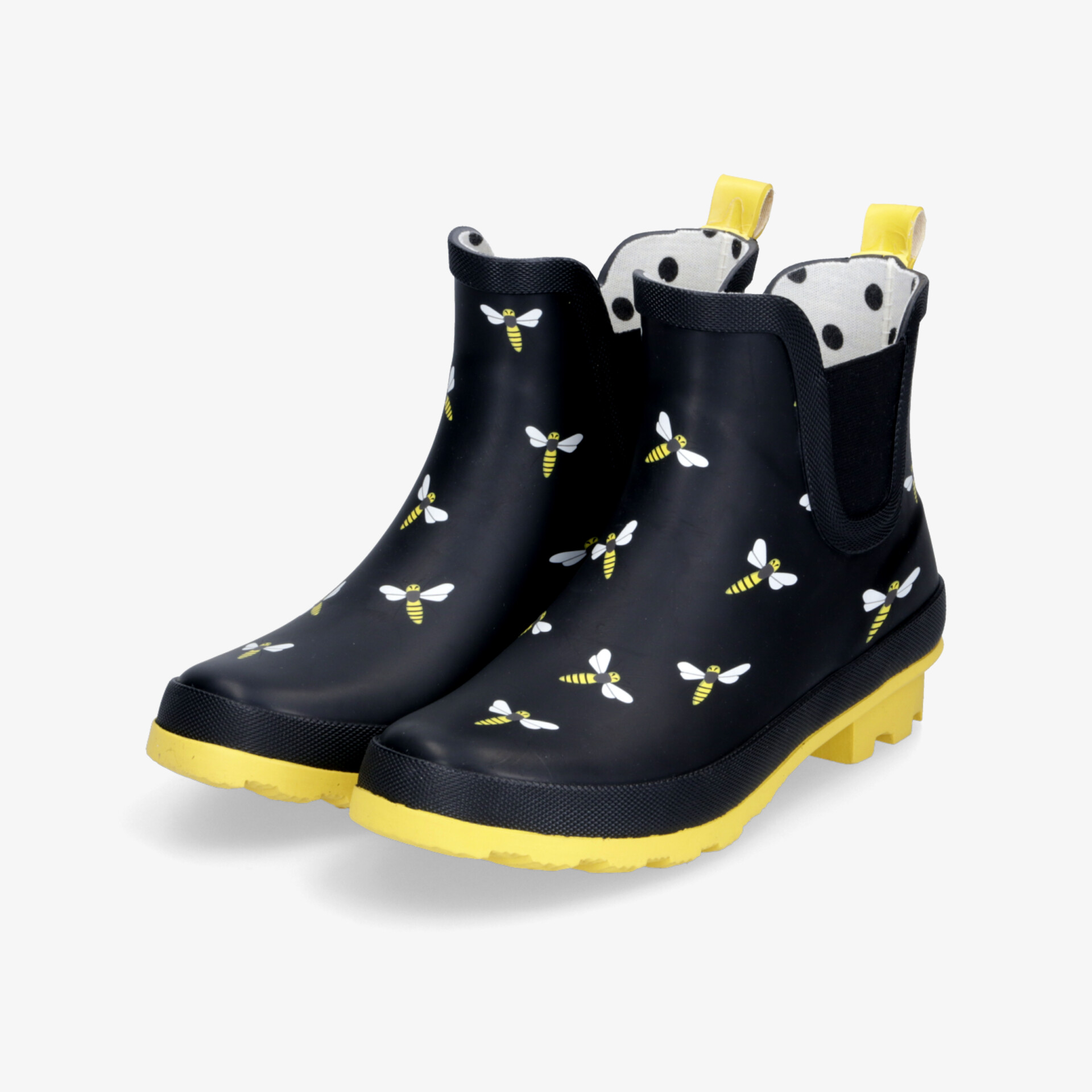 Robuste wasserdichte Gummistiefel mit auffälligem Bienenmuster und gelber rutschfester Sohle