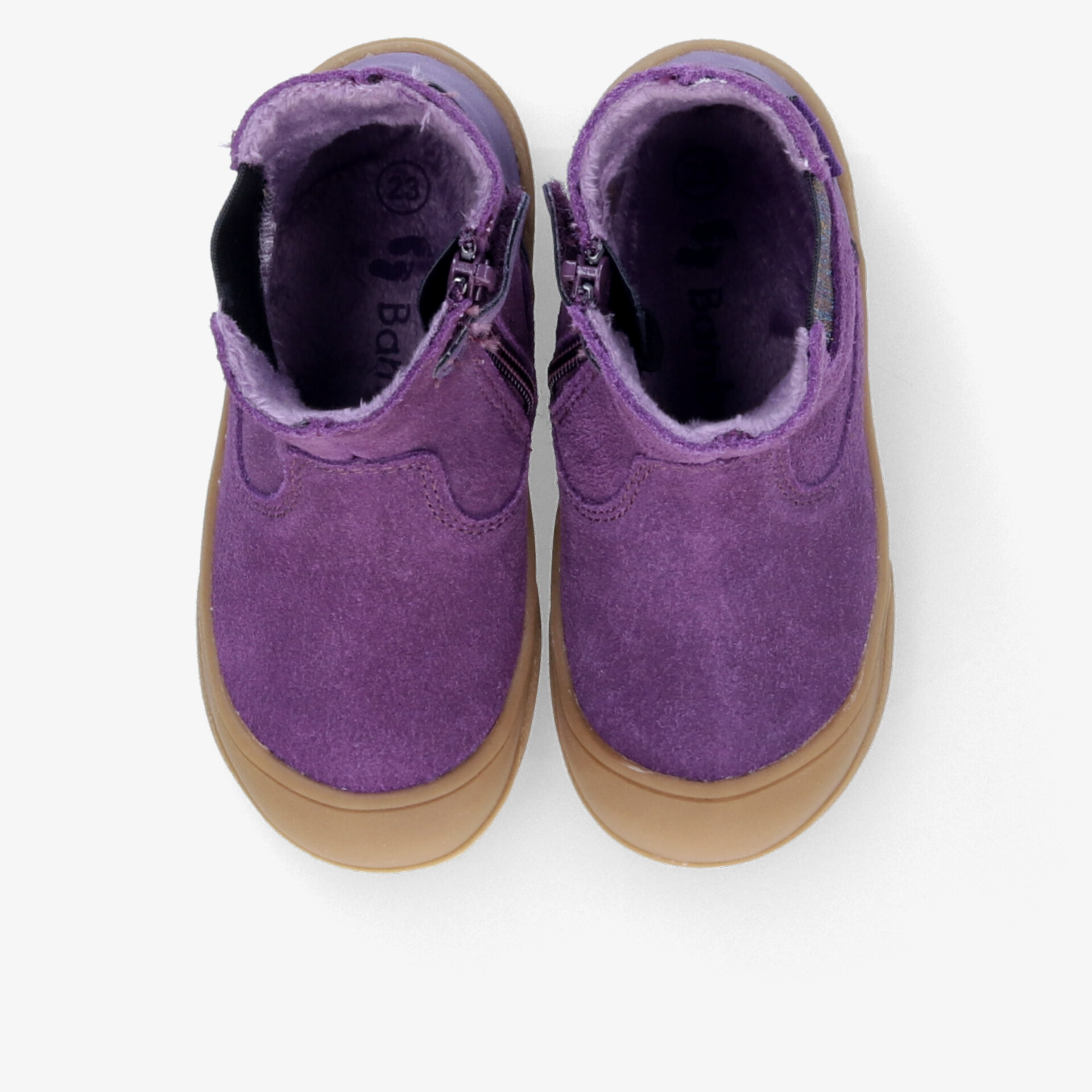 Weiche lila Kinderschuhe mit robustem Gummisohlenprofil und bequemem Reißverschluss für einfaches Anziehen