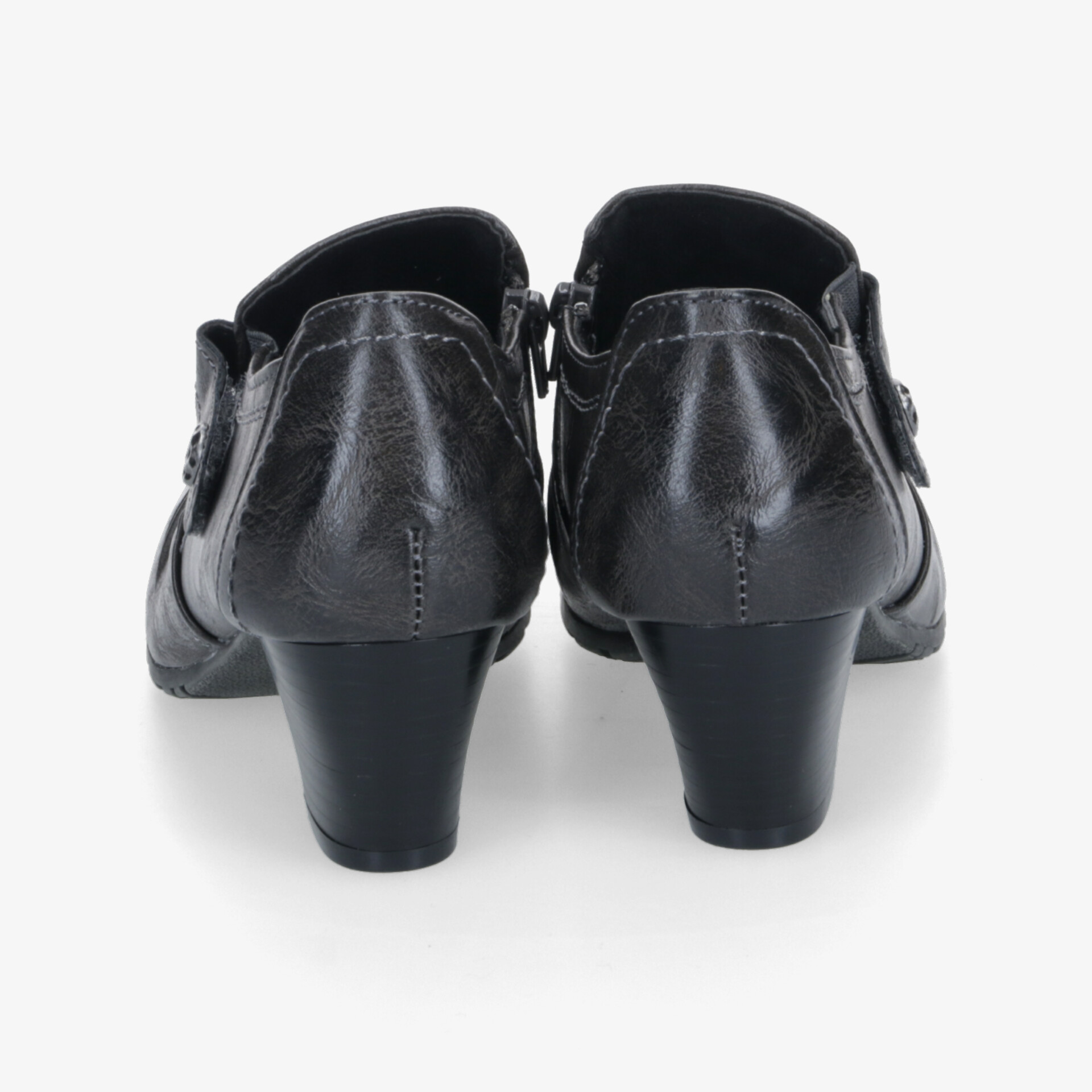 Schwarze Lederschuhe mit mittelhohem Absatz, hochwertigem Material und feinen Nahtdetails aus Rückansicht