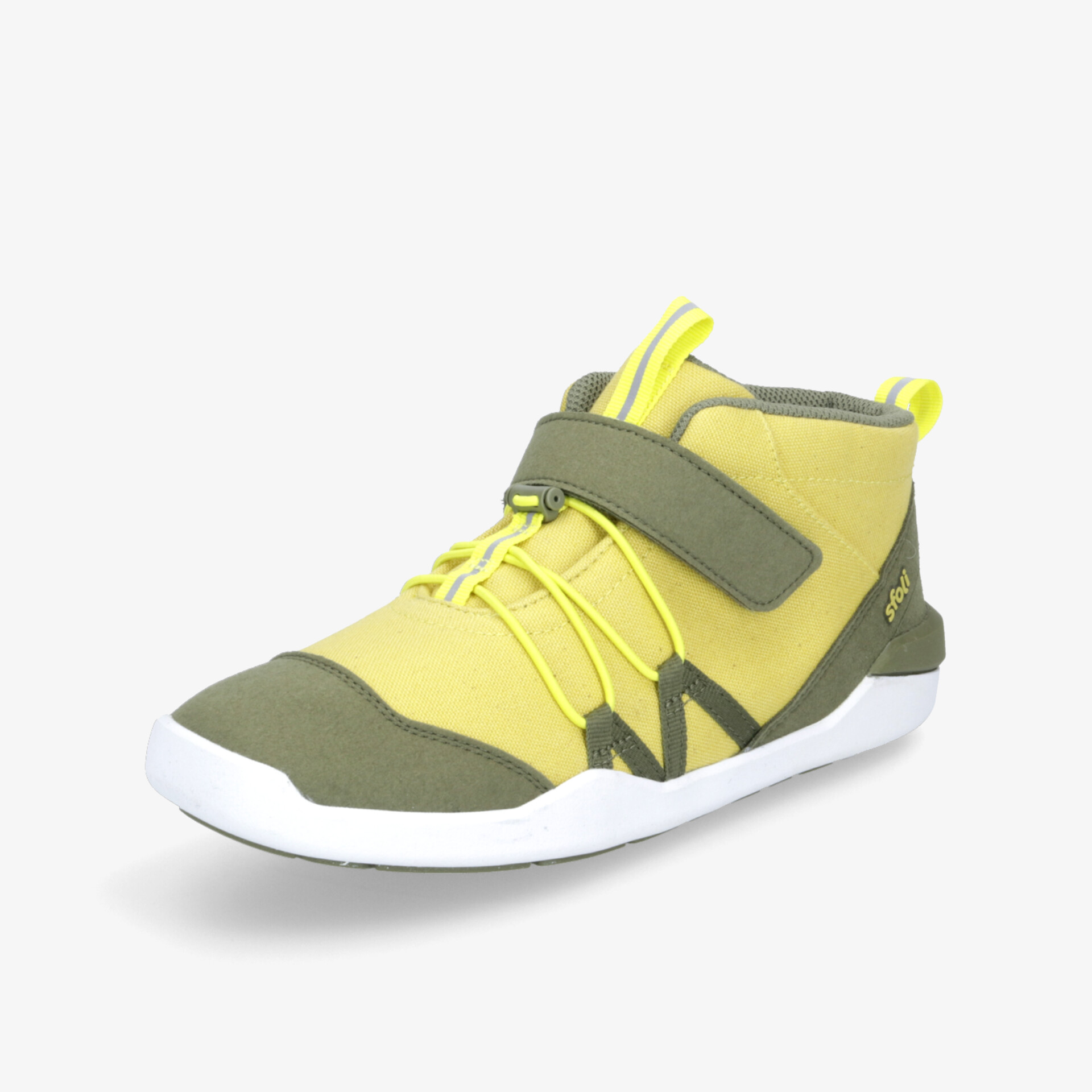 Leichter gelb-grauer Sportschuh mit stabilisierendem Klettverschluss und rutschfester weißer Sohle, bequem und flexibel