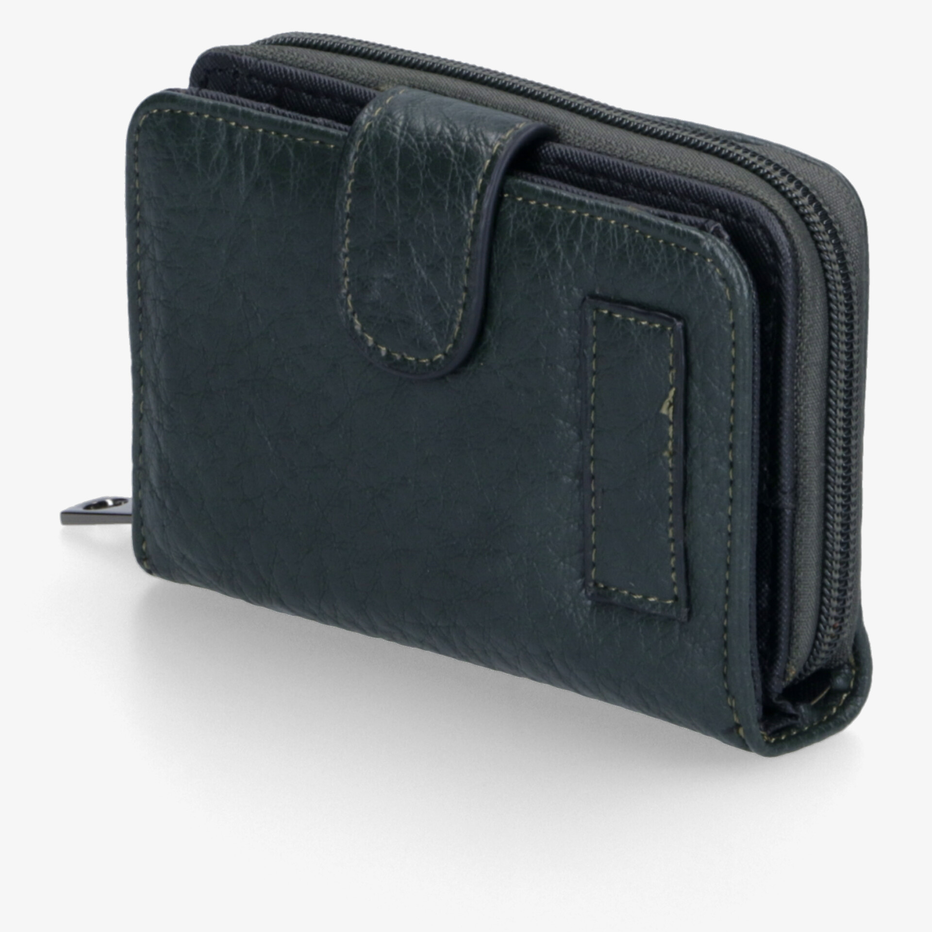 Hochwertige schwarze Leder-Geldbörse mit doppelten Reißverschlüssen und kompakter Form für stilvolle Aufbewahrung.