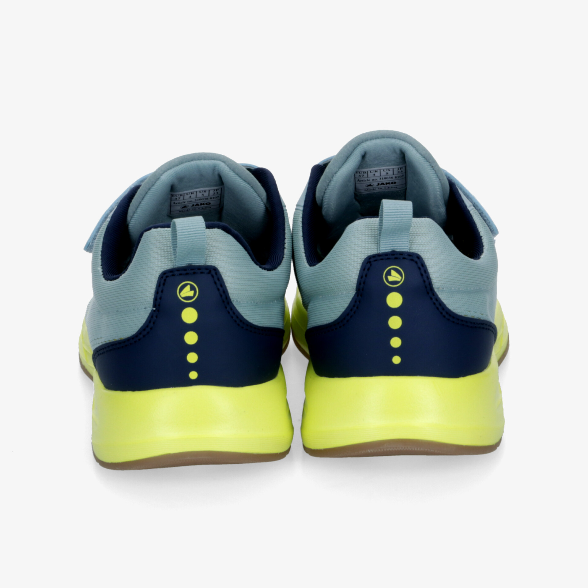 Sportliche Sneaker in moderner Farbkombination mit gelber Sohle, Rückansicht zeigt robustes, atmungsaktives Material