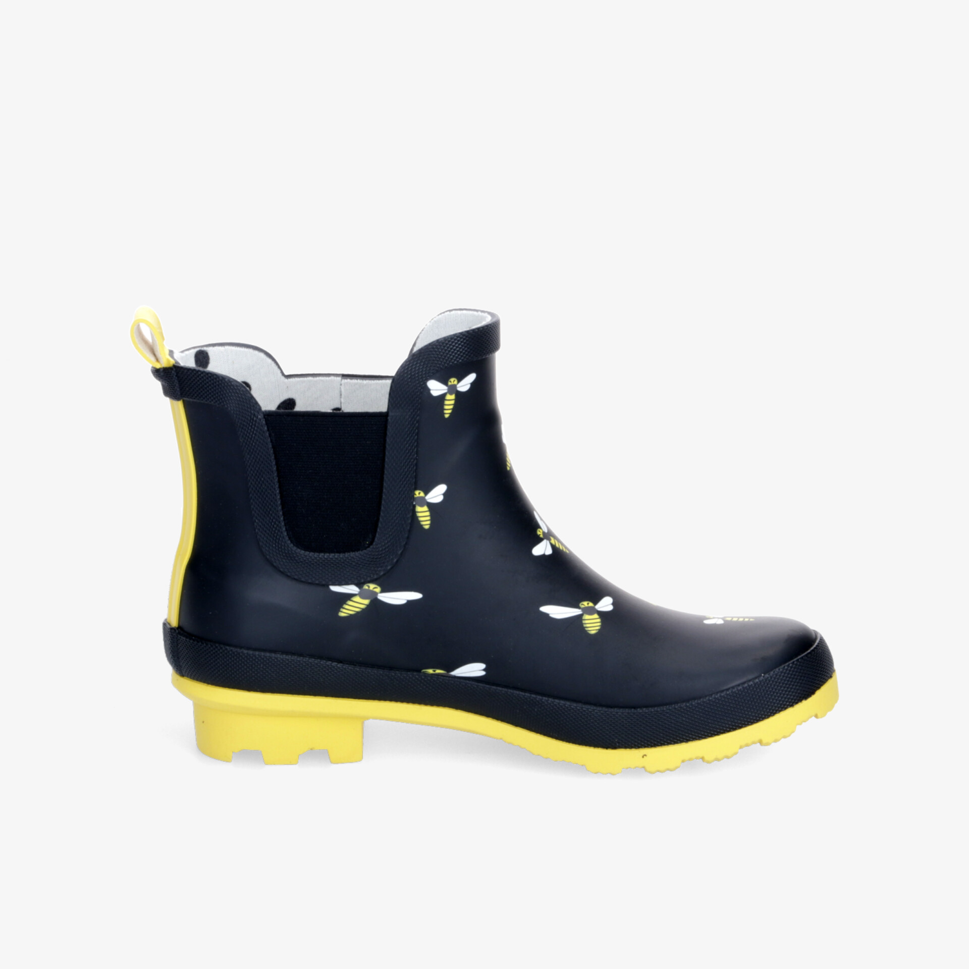 Wasserfester Gummistiefel mit rutschfester gelber Sohle und elastischen Einsätzen, verziert mit gelben Bienen.