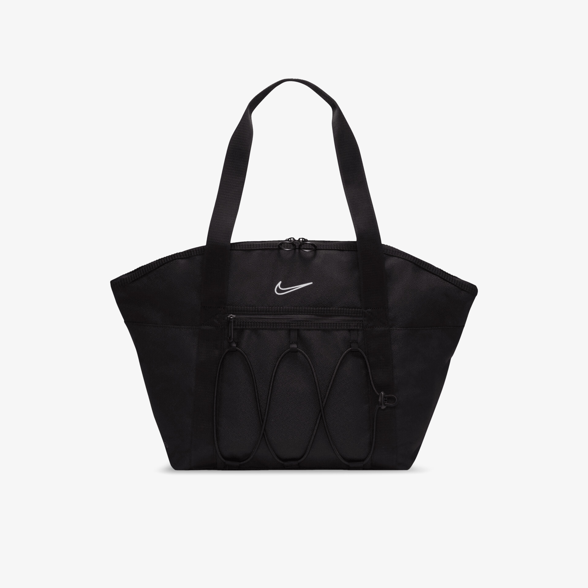 Geräumige schwarze Tasche mit Logo und vielen Fächern für den Alltag - robust und funktional.