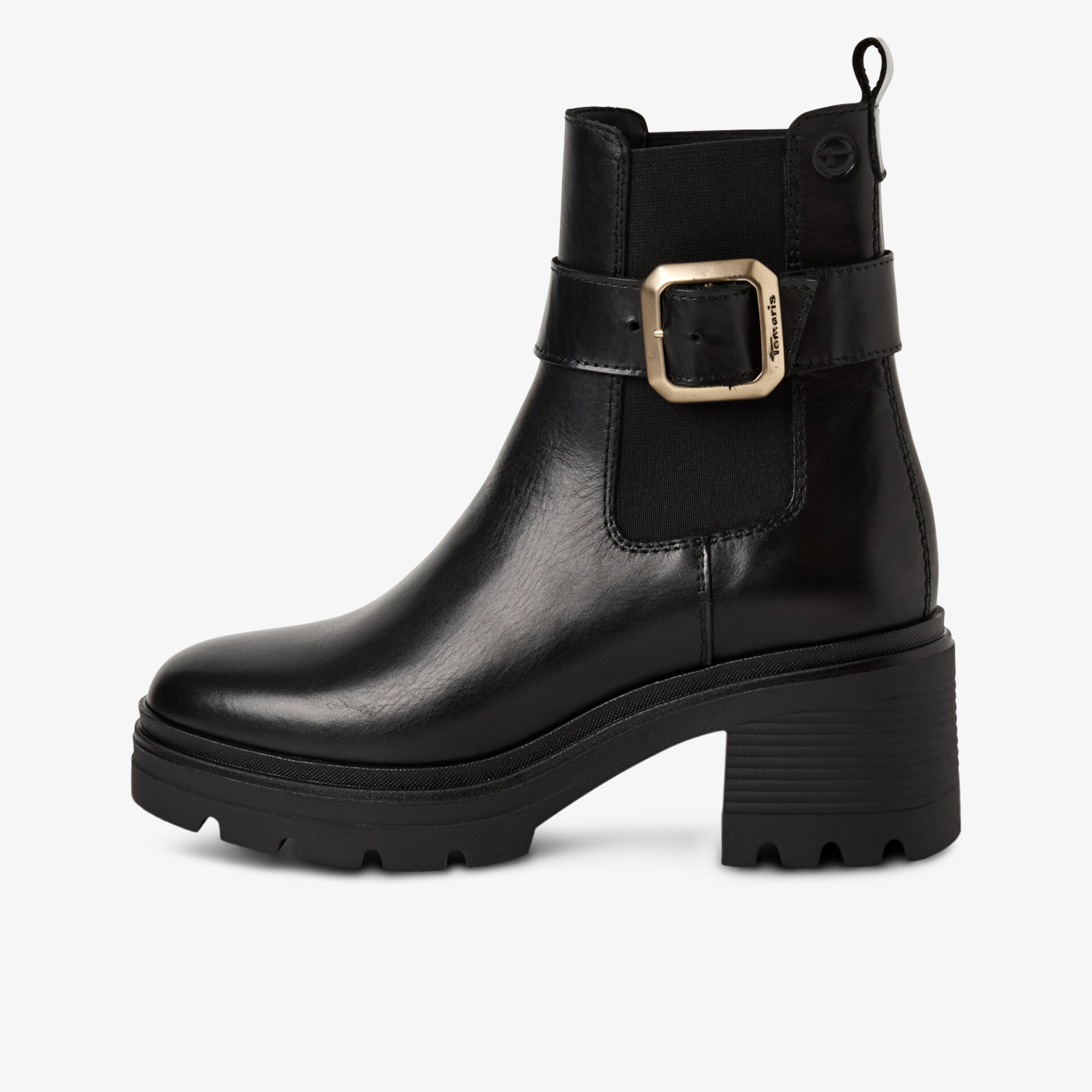 Elegante schwarze Stiefelette mit robustem Blockabsatz, Profilsohle und modischer goldener Schnalle