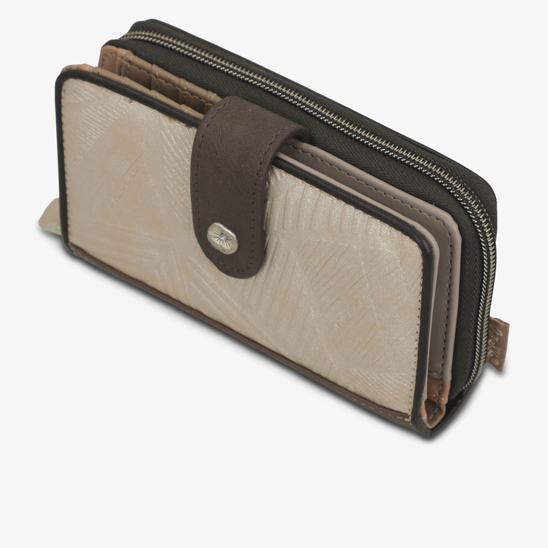 Elegante kompakte Geldbörse mit Reißverschluss in Beige und Braun, funktional mit mehreren Fächern