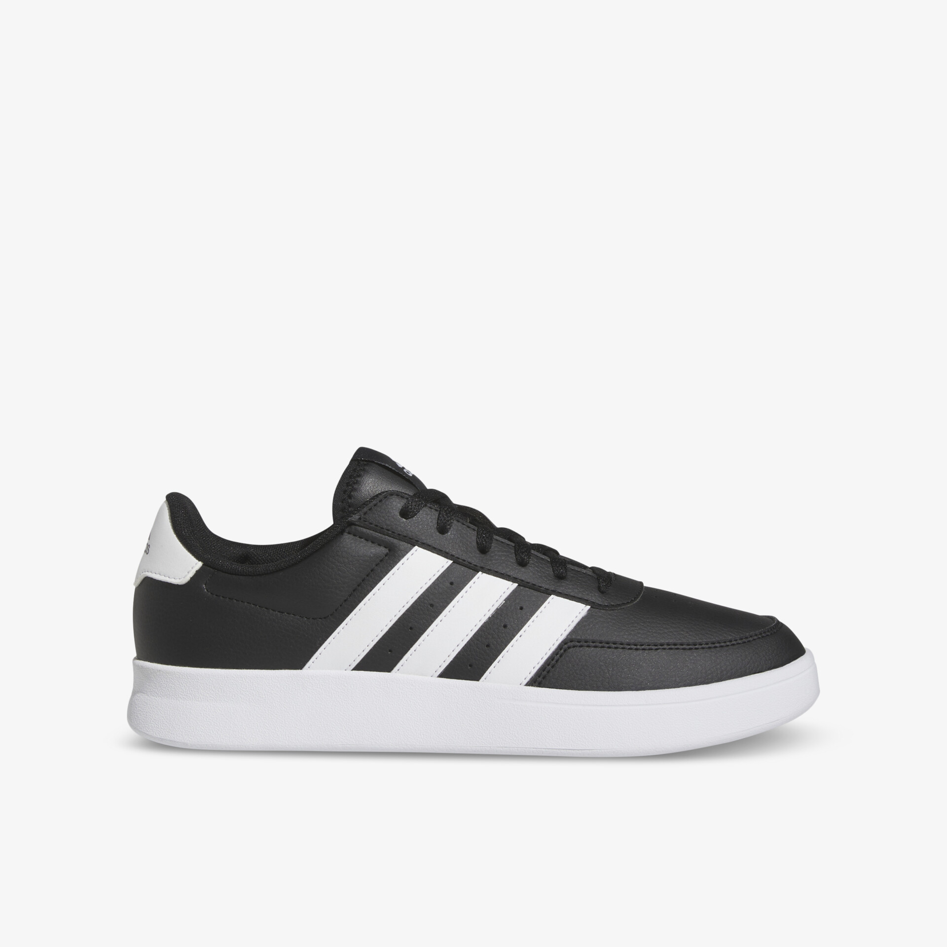 Seitliche Ansicht eines schwarzen Sneakers mit weißen Streifen, sportlich und leichter Schuh für komfortables Tragen