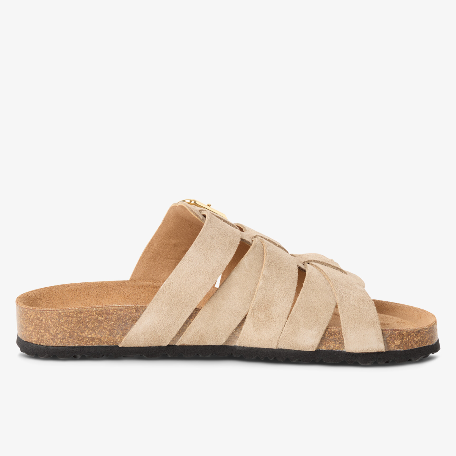 Seitenansicht einer bequemen, leichten offenen Sandale mit flexiblem Fußbett und rutschfester Sohle