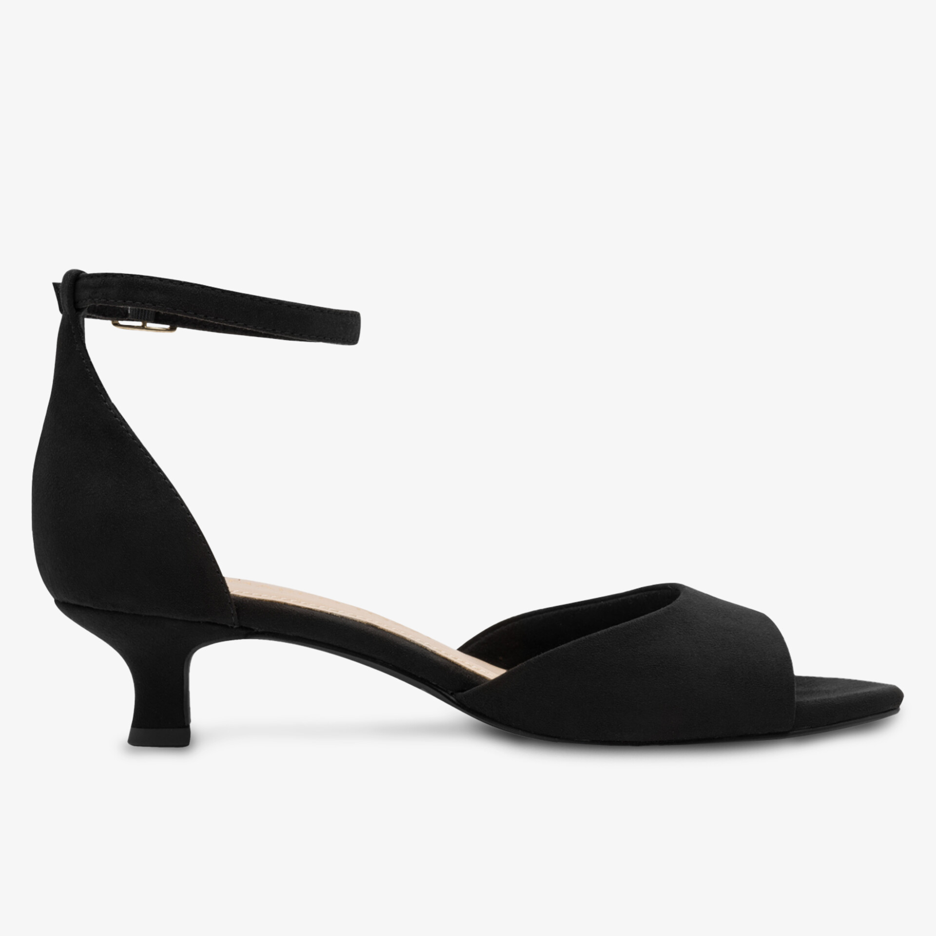 Schwarzer eleganter Schuh mit niedrigem Absatz und offenem Zehenbereich, seitliche Ansicht