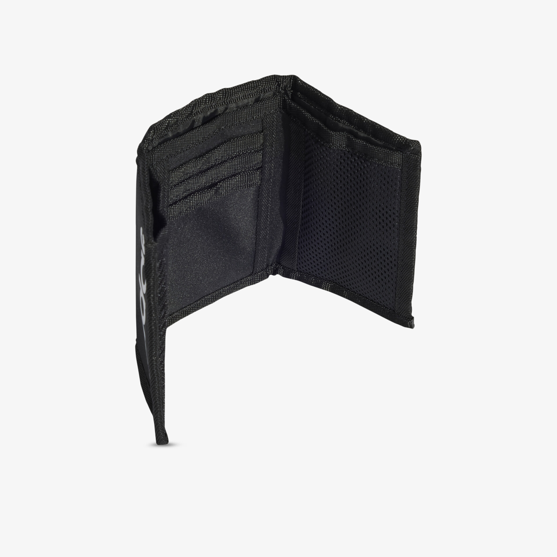 Schwarzes kompaktes Portemonnaie mit mehreren Kartenfächern und praktisch bifold Design geöffnet