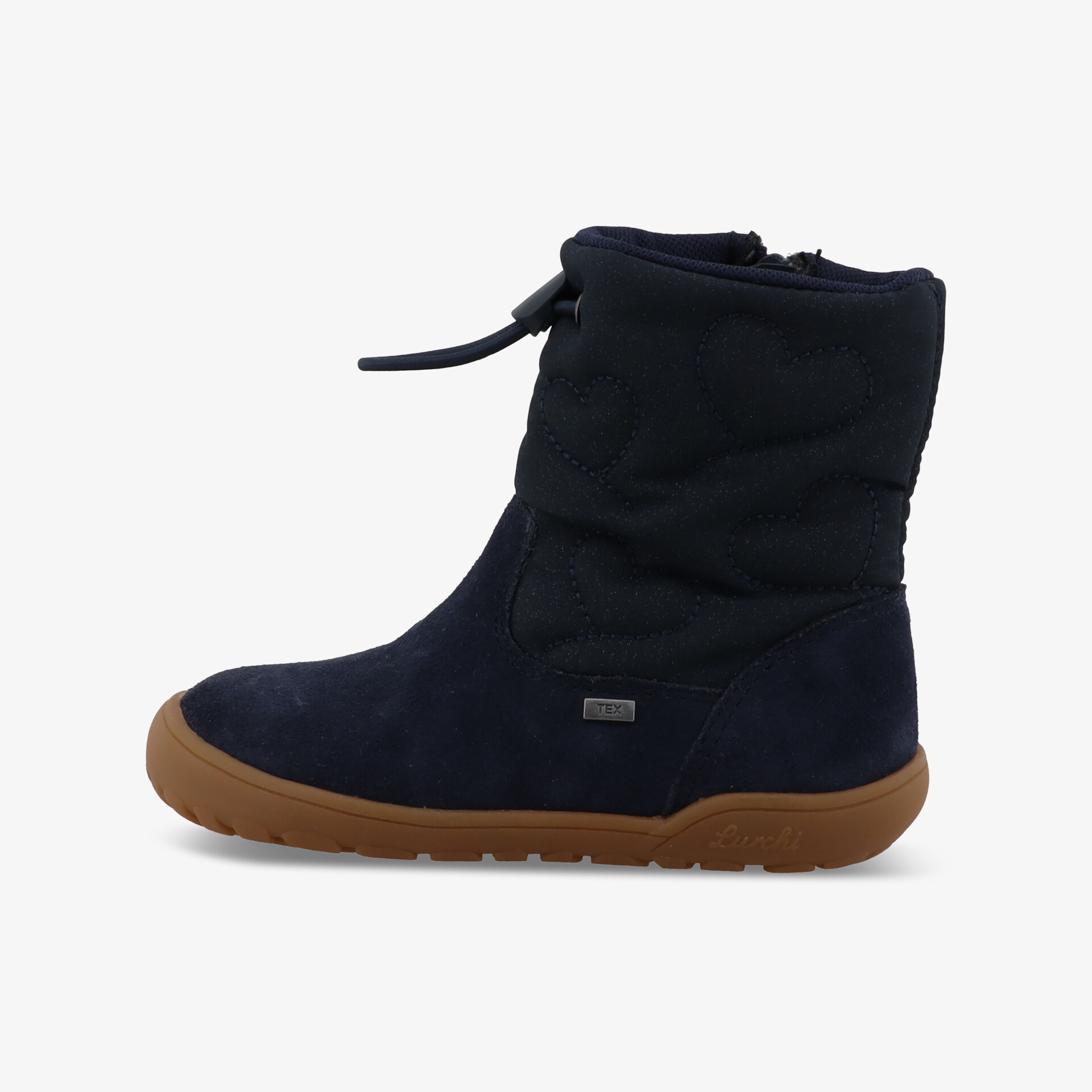 Wasserdichte blaue Stiefelette mit brauner rutschfester Sohle, weiches Material und warm gefüttert