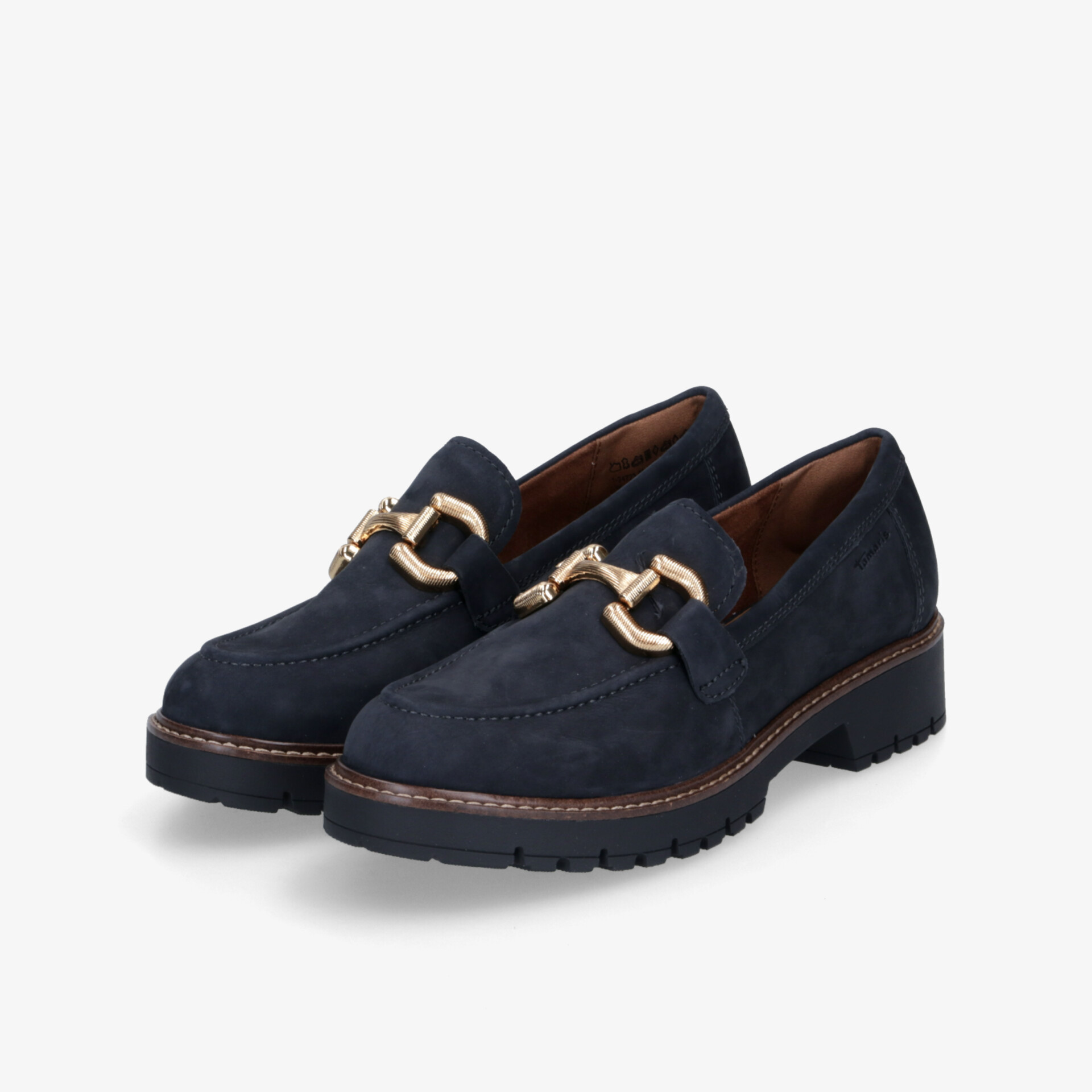 Elegante dunkelblaue Samt-Loafer mit goldener Schnalle und robuster, bequemer Laufsohle, schräg vorne fotografiert