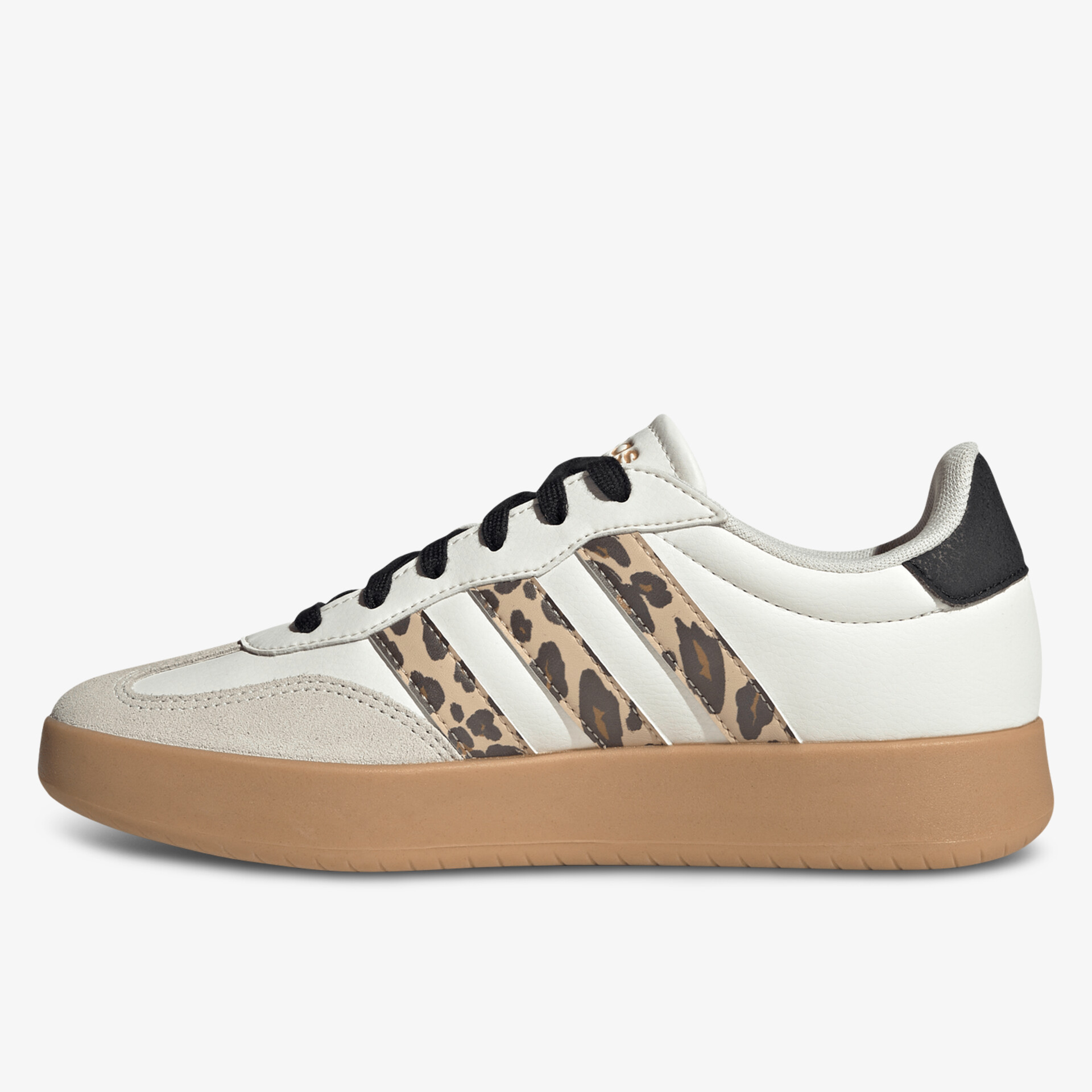 Seitliche Ansicht bequemer weißer Sneaker mit brauner Gummisohle und Leopardenmuster-Streifen, ideal für Alltag