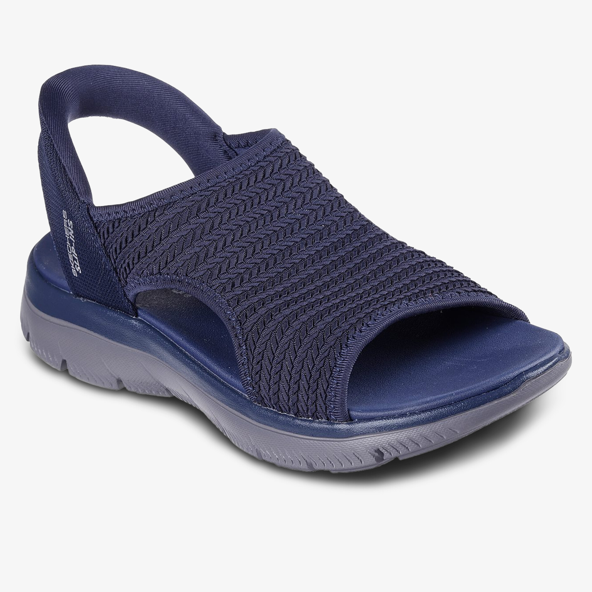 Moderne blaue Sandale mit elastischem Riemen für bequemen Sitz und rutschsicherem Laufgefühl.