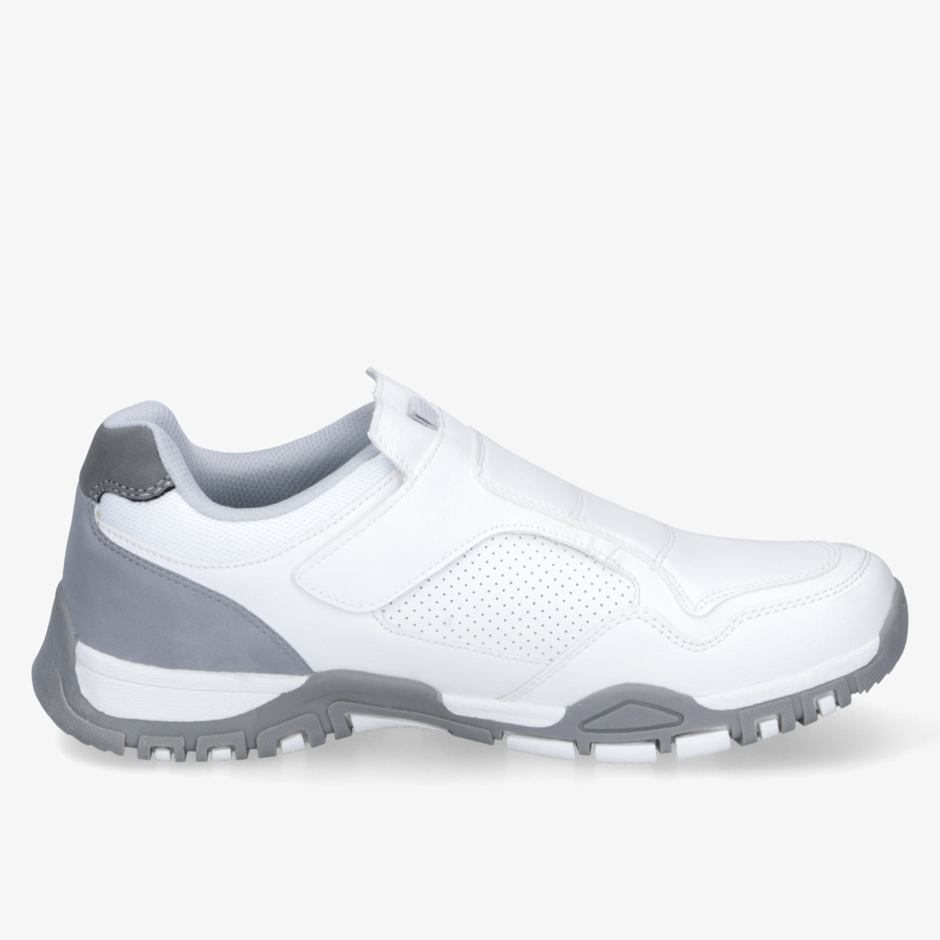 Leichter weiß-grauer Sportschuh mit rutschfester Sohle und bequemer Passform für optimalen Tragekomfort