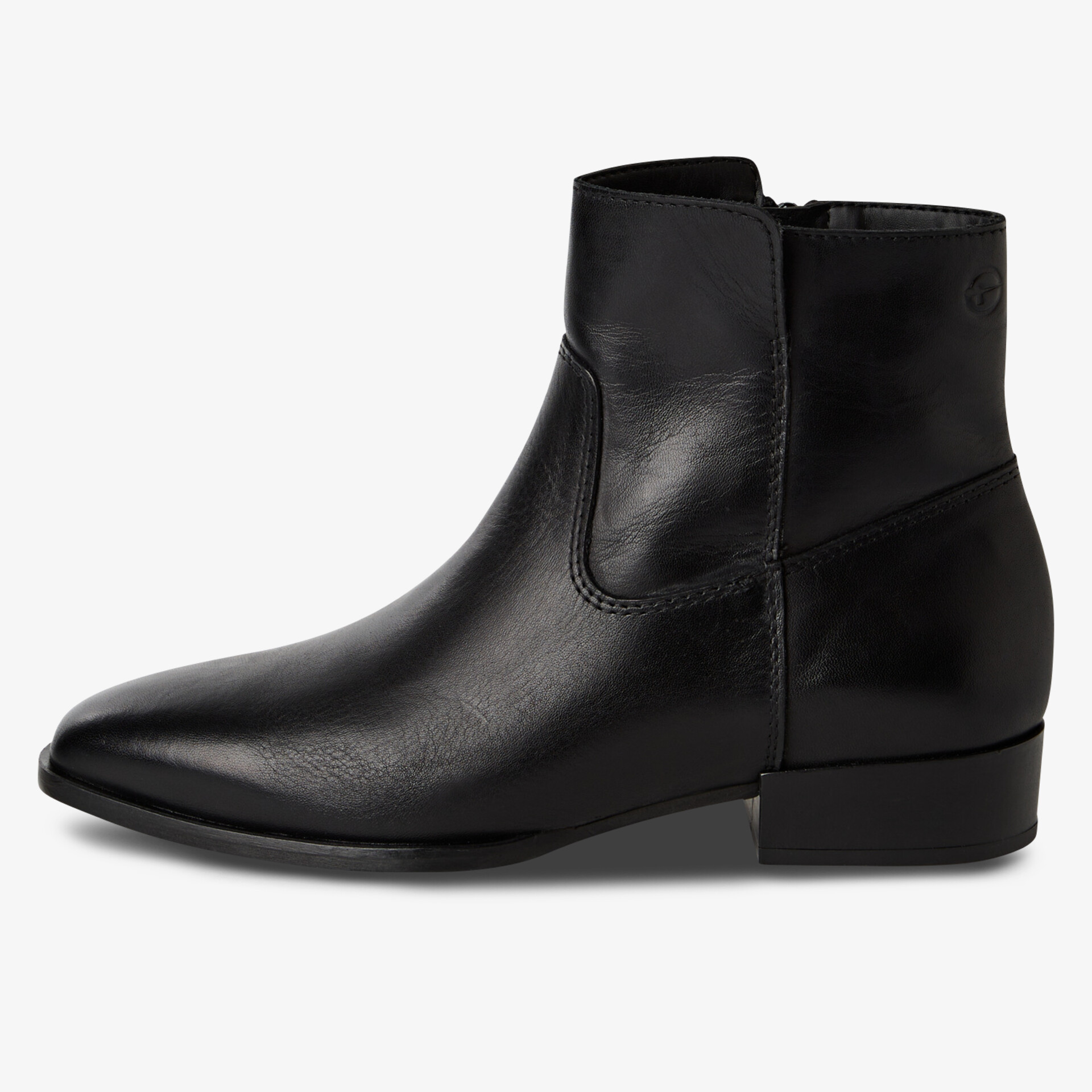 Schwarze Stiefelette aus glattem Leder mit flachem Absatz und modernem, elegantem Design seitlich aufgenommen