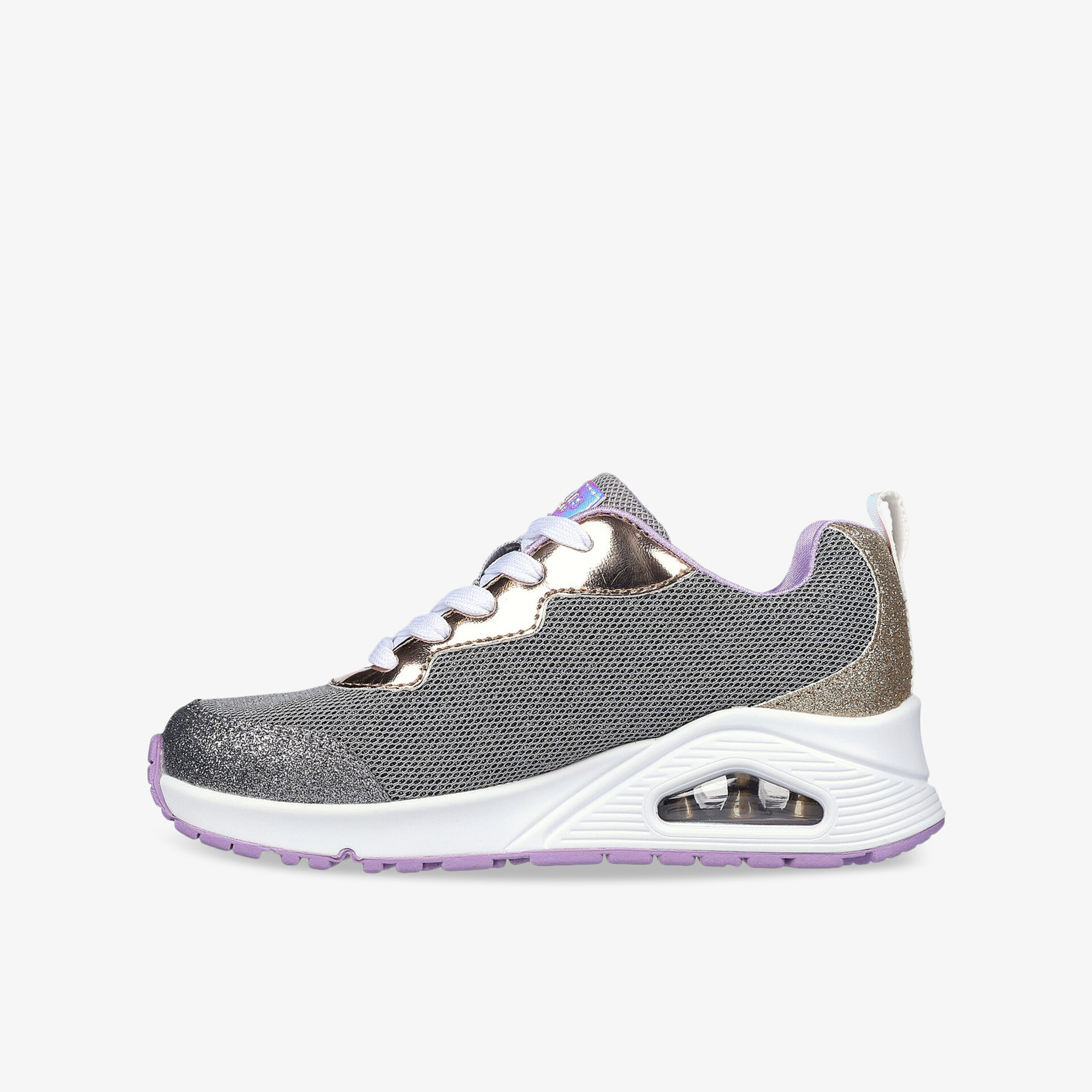 Moderner grauer Sportschuh mit atmungsaktivem Material und stoßdämpfender, flexibler Sohle in Seitenansicht