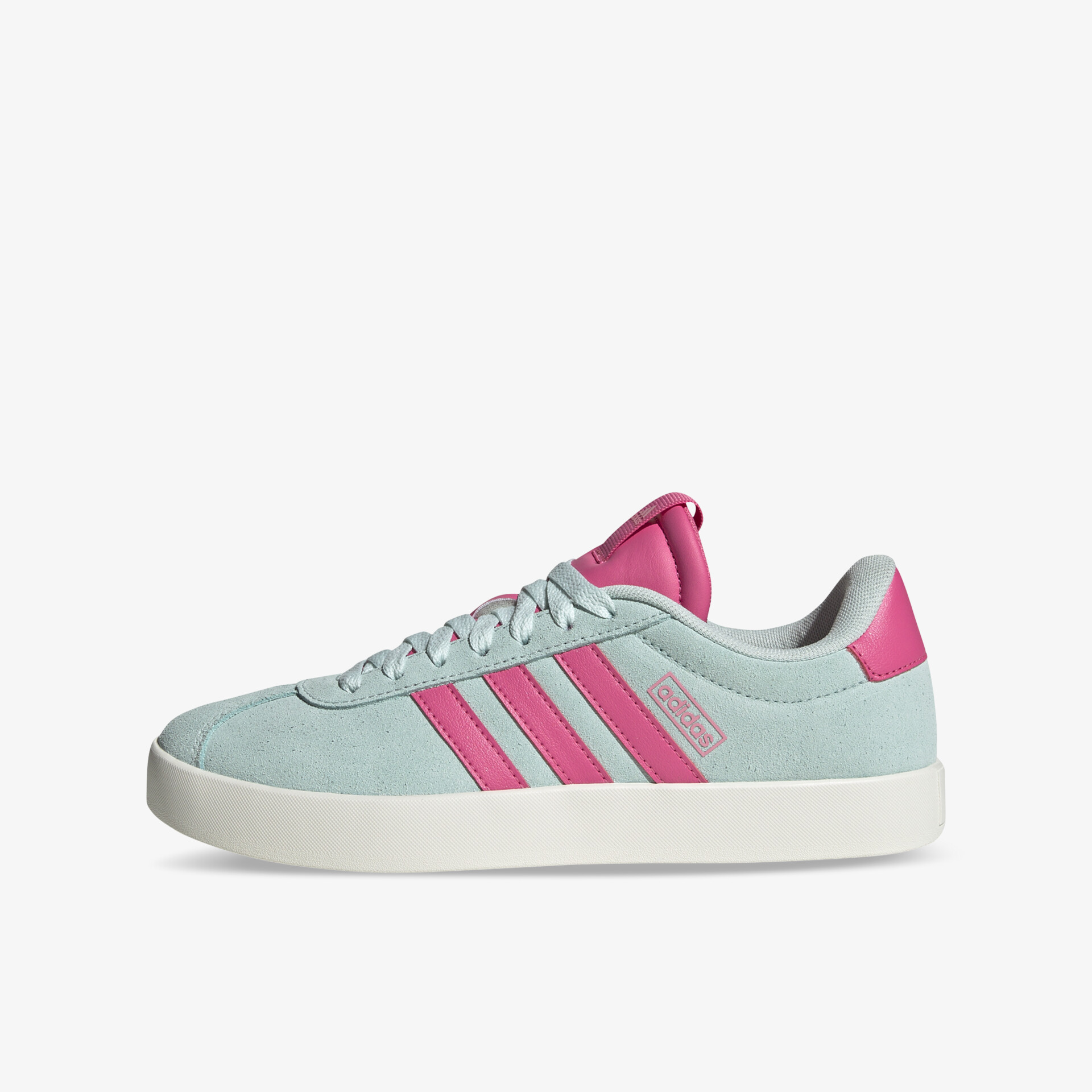 Sportlicher Sneaker mit leichter, bequemer Passform und stylischen pinken Streifen auf blauem Grund, seitliche Ansicht