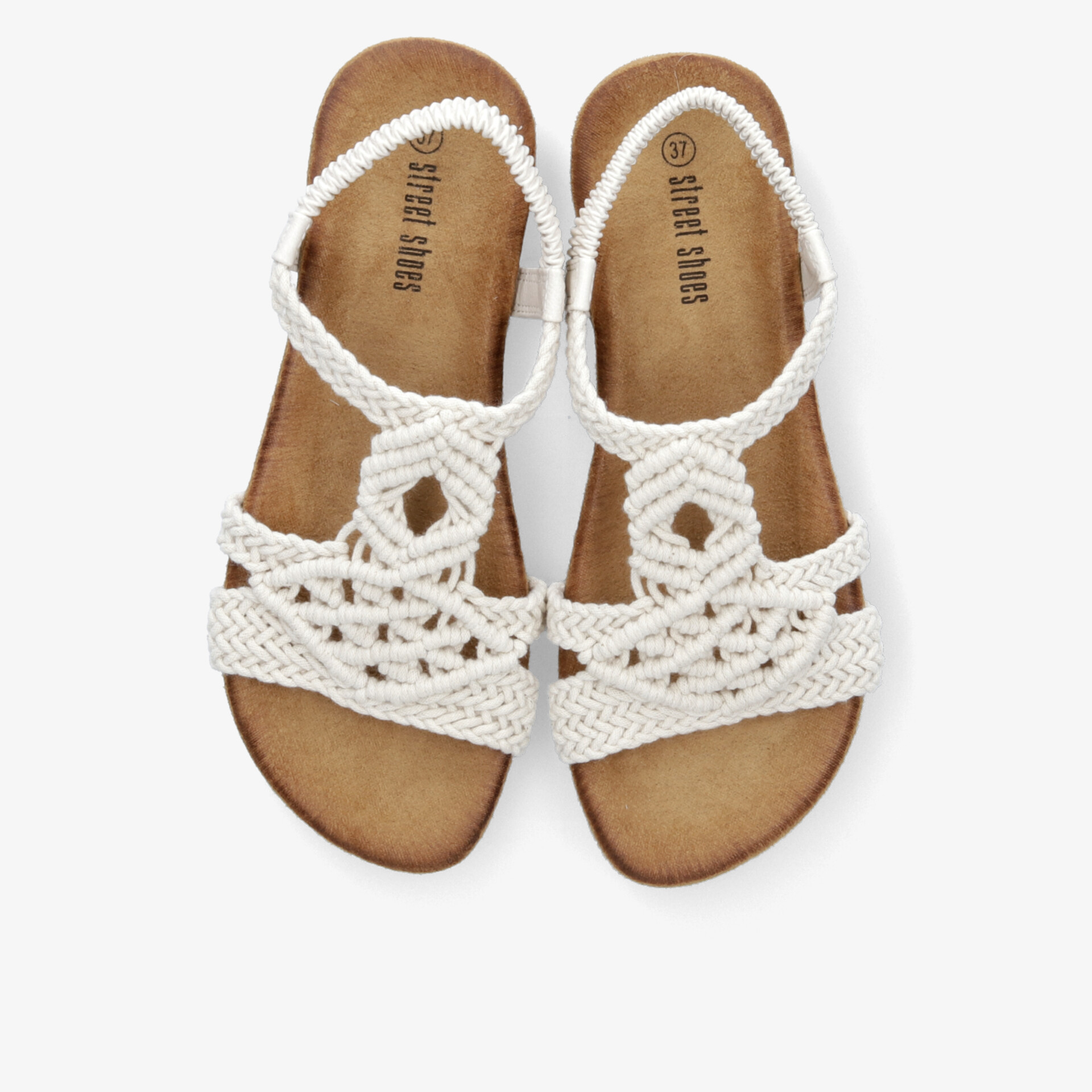 Weißes Paar Sandalen mit geflochtenem Design, komfortabel und leicht, offen und atmungsaktiv für angenehmes Tragegefühl