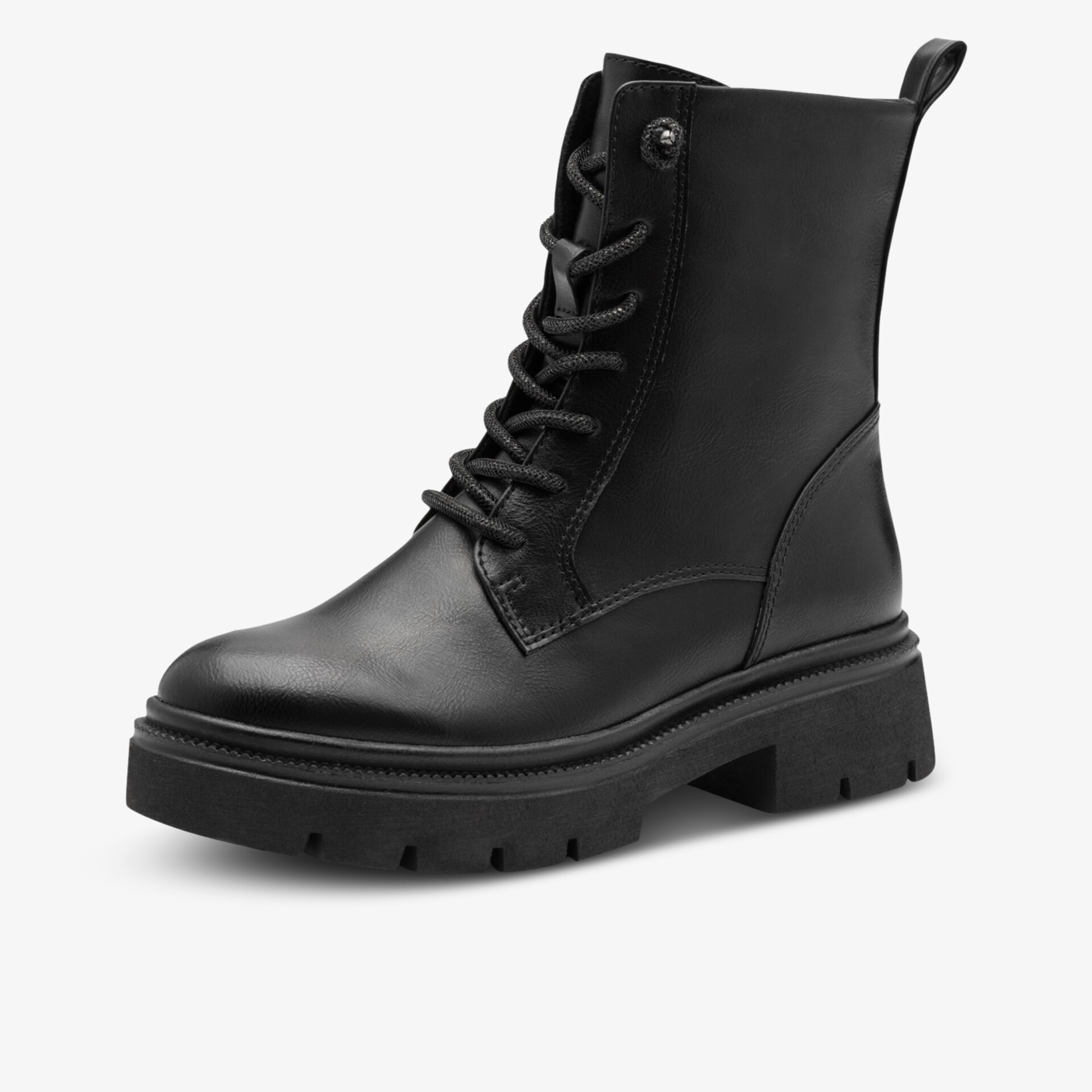 Schwarzer Schnürstiefel mit robuster Sohle und zeitlosem Design, ideal für Alltag und Outdoor-Einsätze