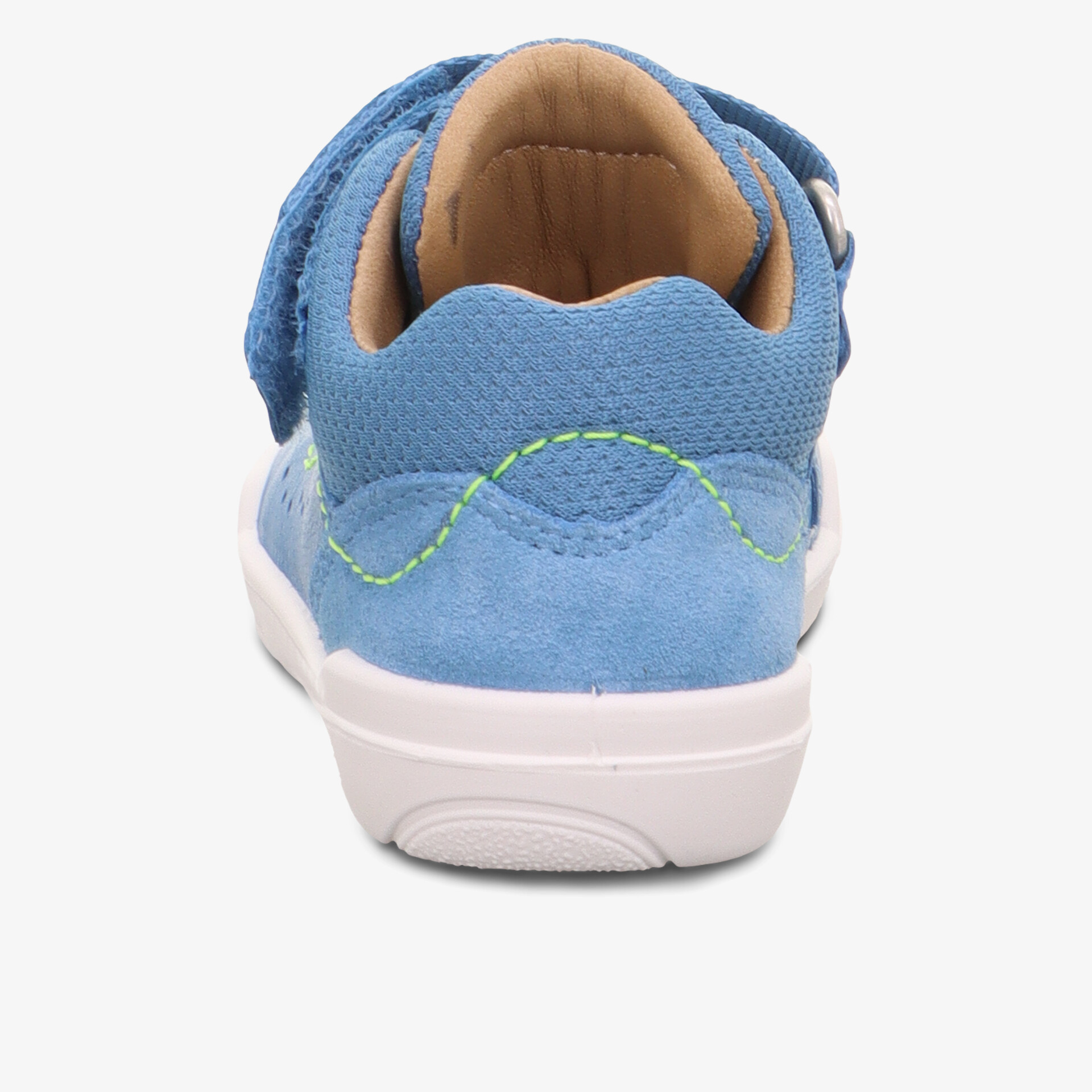 Rückansicht eines blauen Schuhs mit gepolstertem Einstieg und rutschfester Sohle, komfortabel und modisch