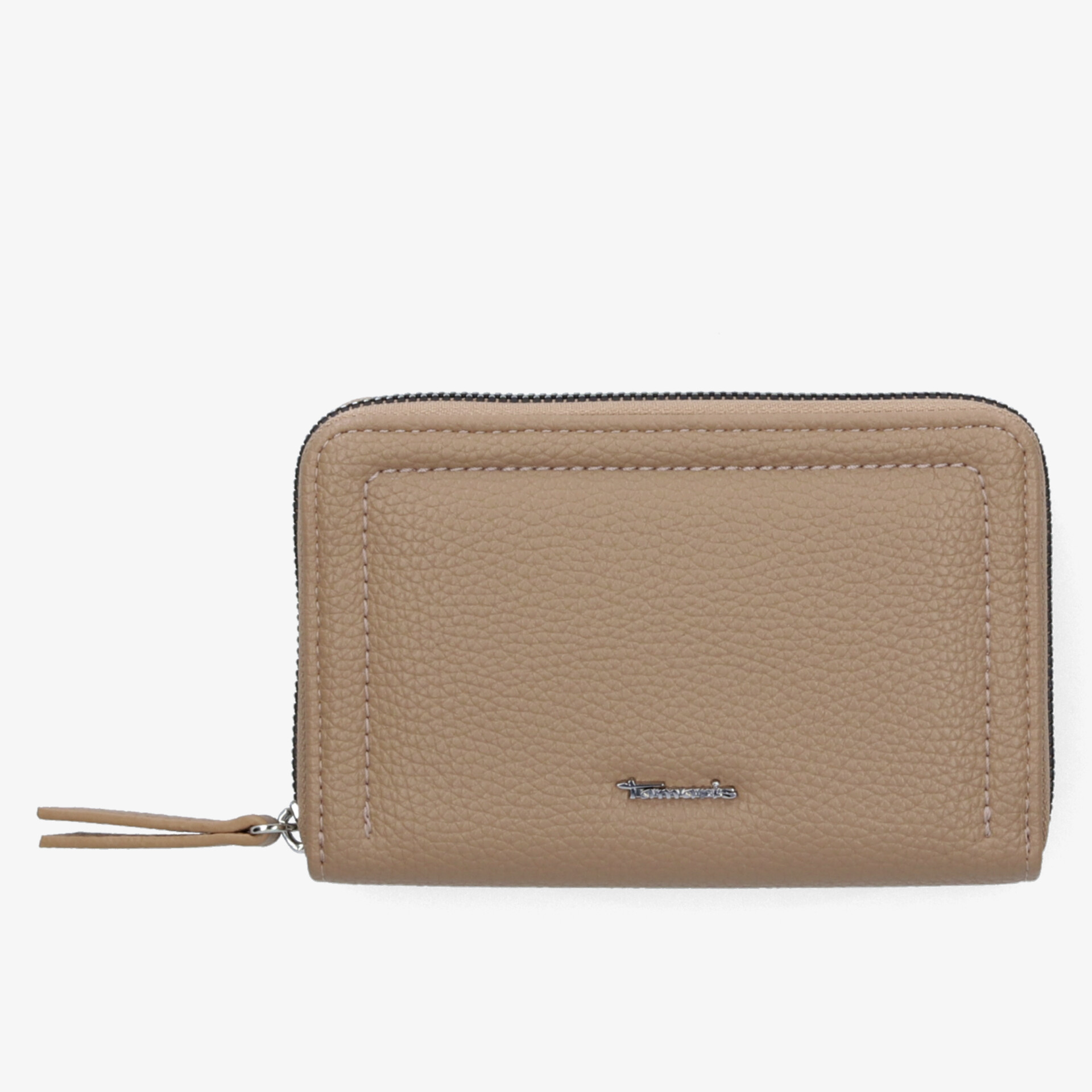 Kompakte beige Geldbörse mit Reißverschluss in eleganter Lederoptik, ideal für den täglichen Gebrauch.