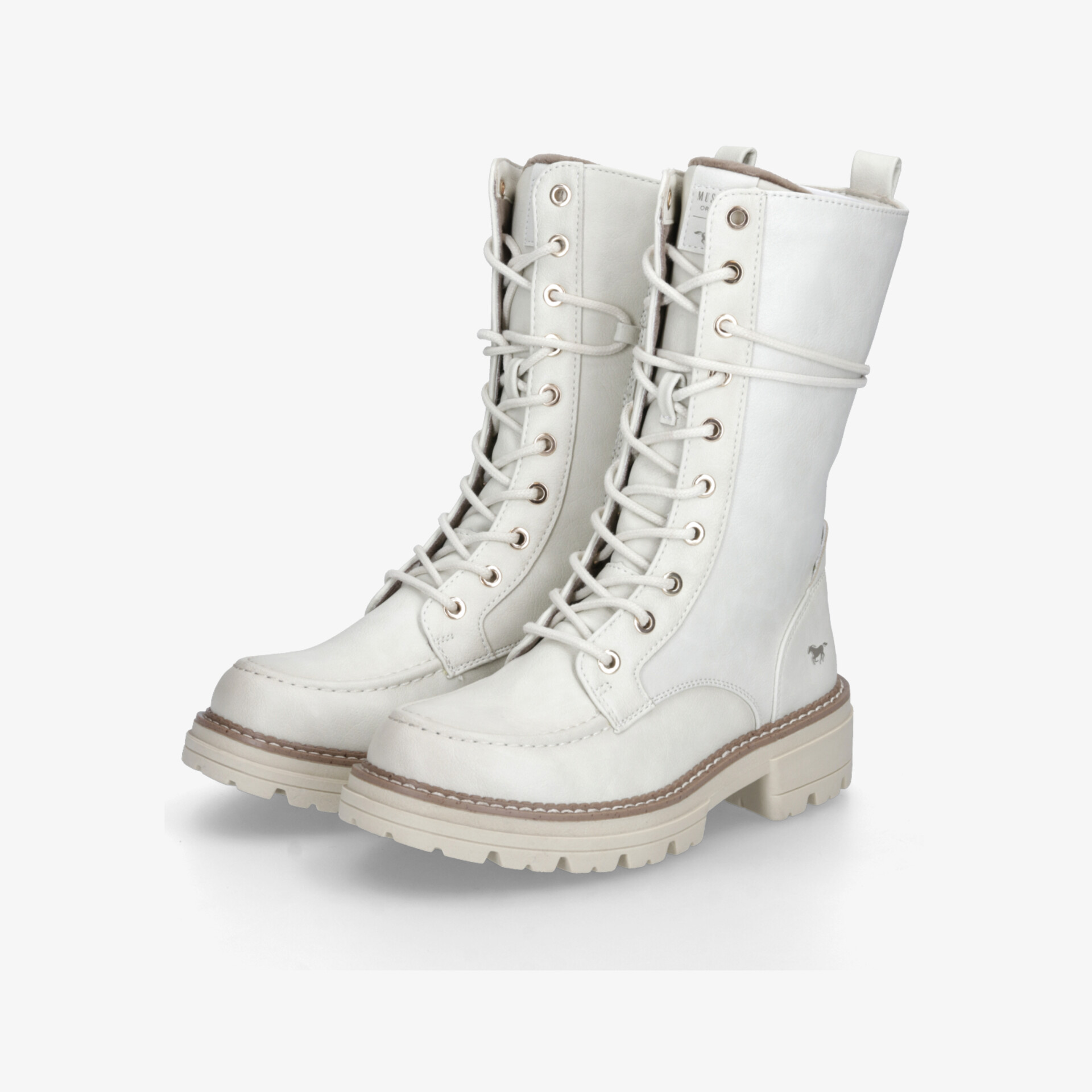 Weißes Paar robuster Schnürstiefel mit stabiler rutschfester Sohle und hoher Schnürung, modisch und bequem