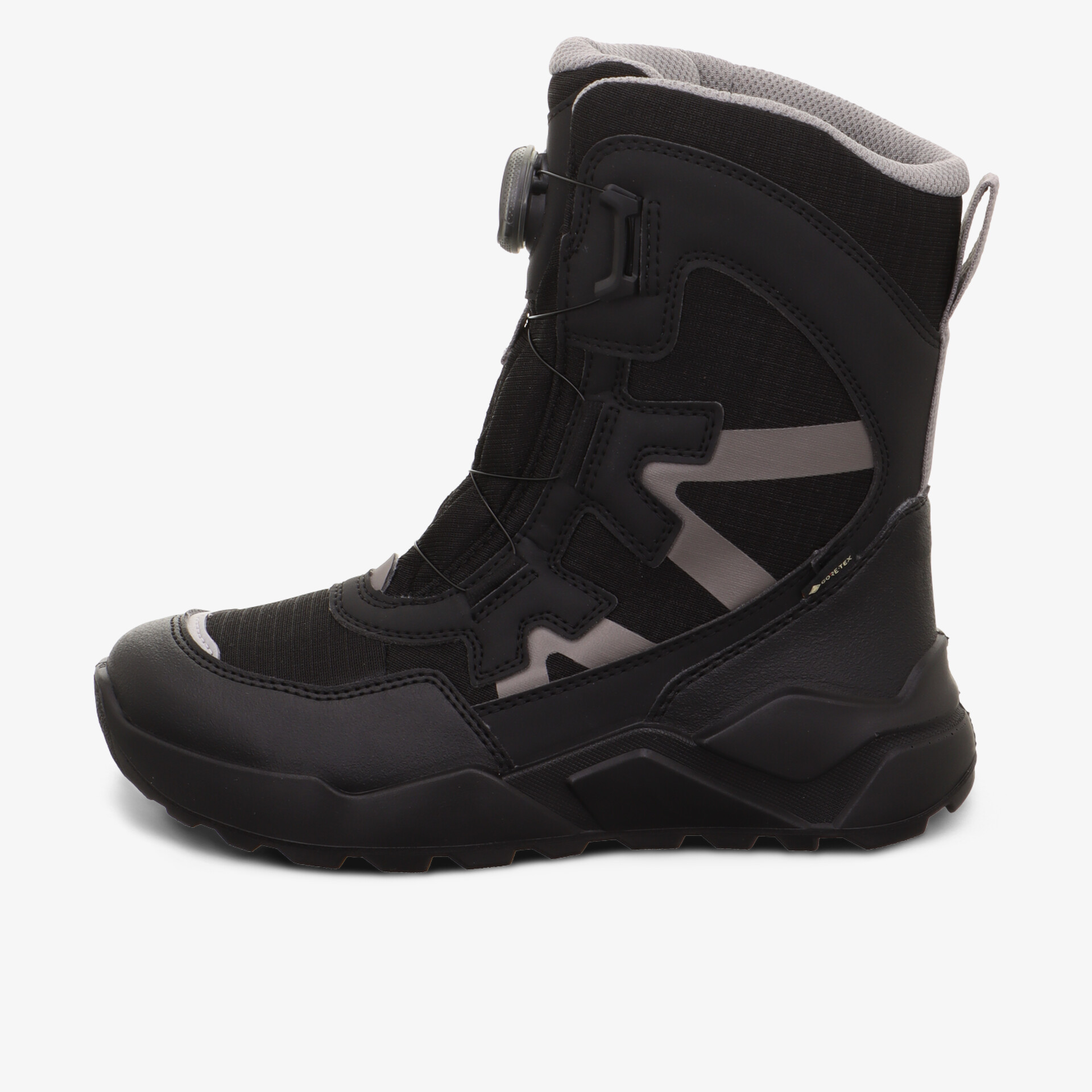 Seitliche Ansicht eines robusten, wetterfesten Stiefels mit rutschfester Sohle und hohem Schaft