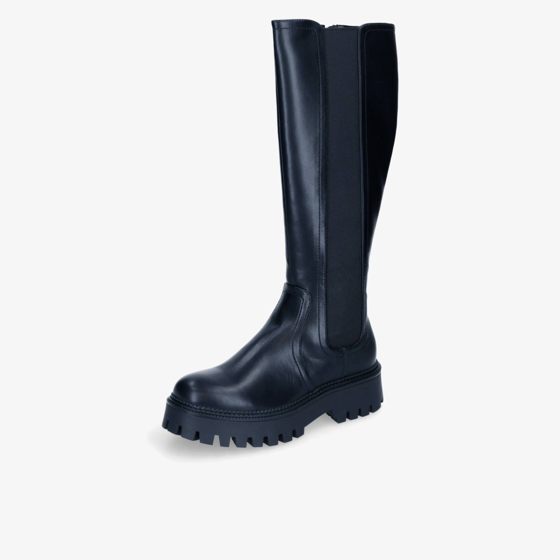 Schwarzer robuster Stiefel mit hohem Schaft und rutschfester Sohle, elastische Einsätze für optimalen Sitz