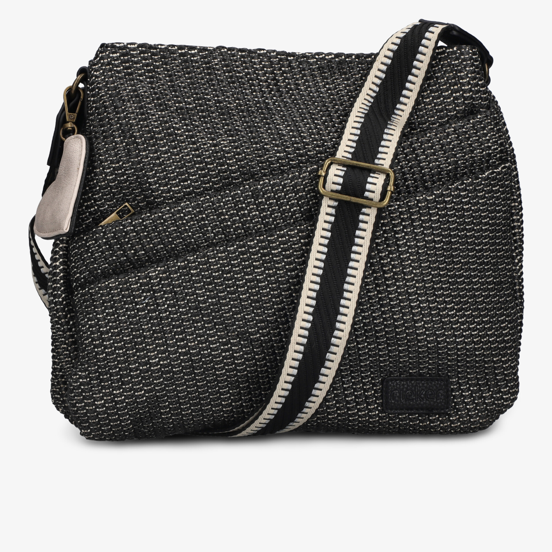 Schwarze Umhängetasche mit geflochtenem Muster und verstellbarem Riemen, stylisch und robust