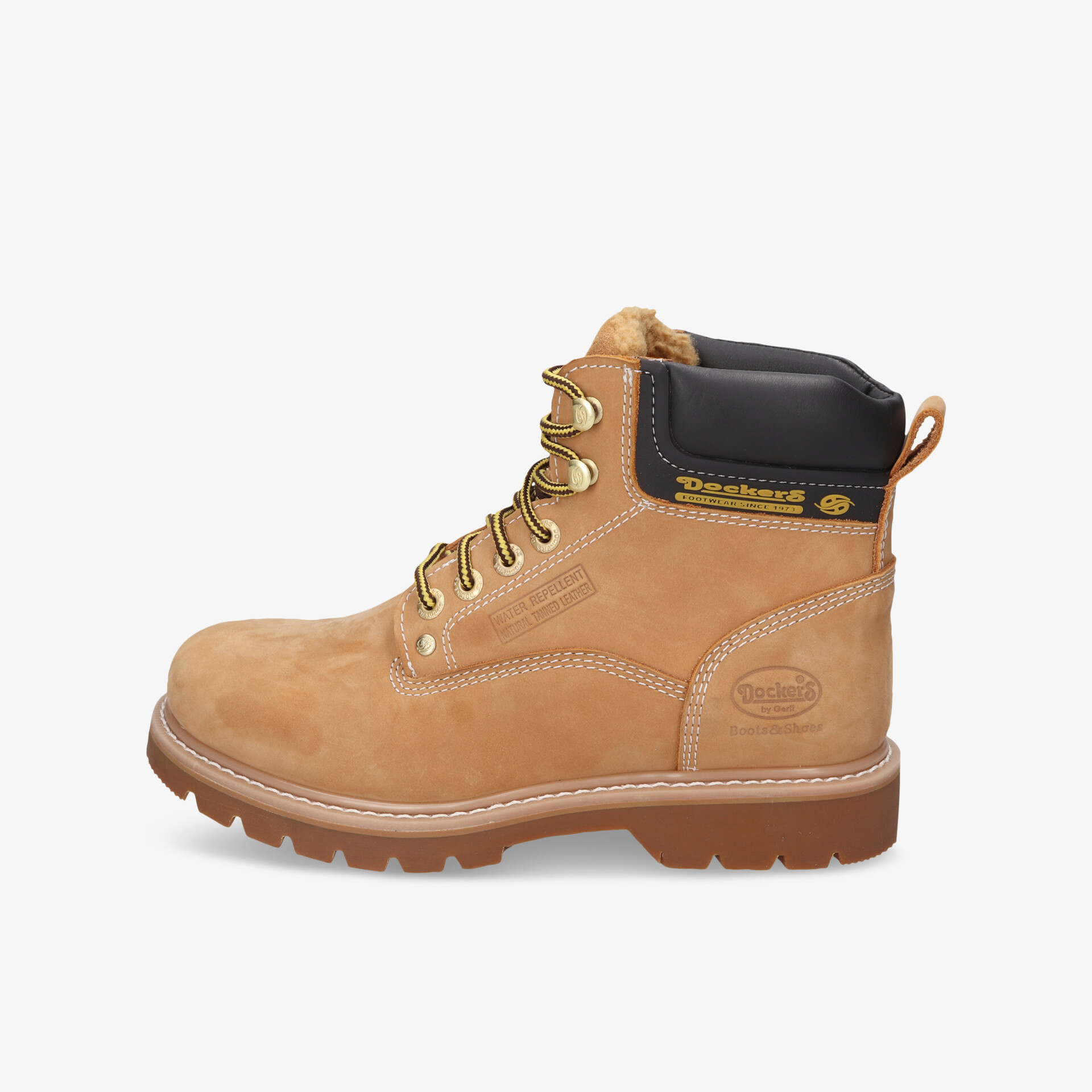 Seitenansicht eines robusten, bequemen Wildleder-Arbeitsschuhs mit gepolstertem Kragen und rutschfester Sohle