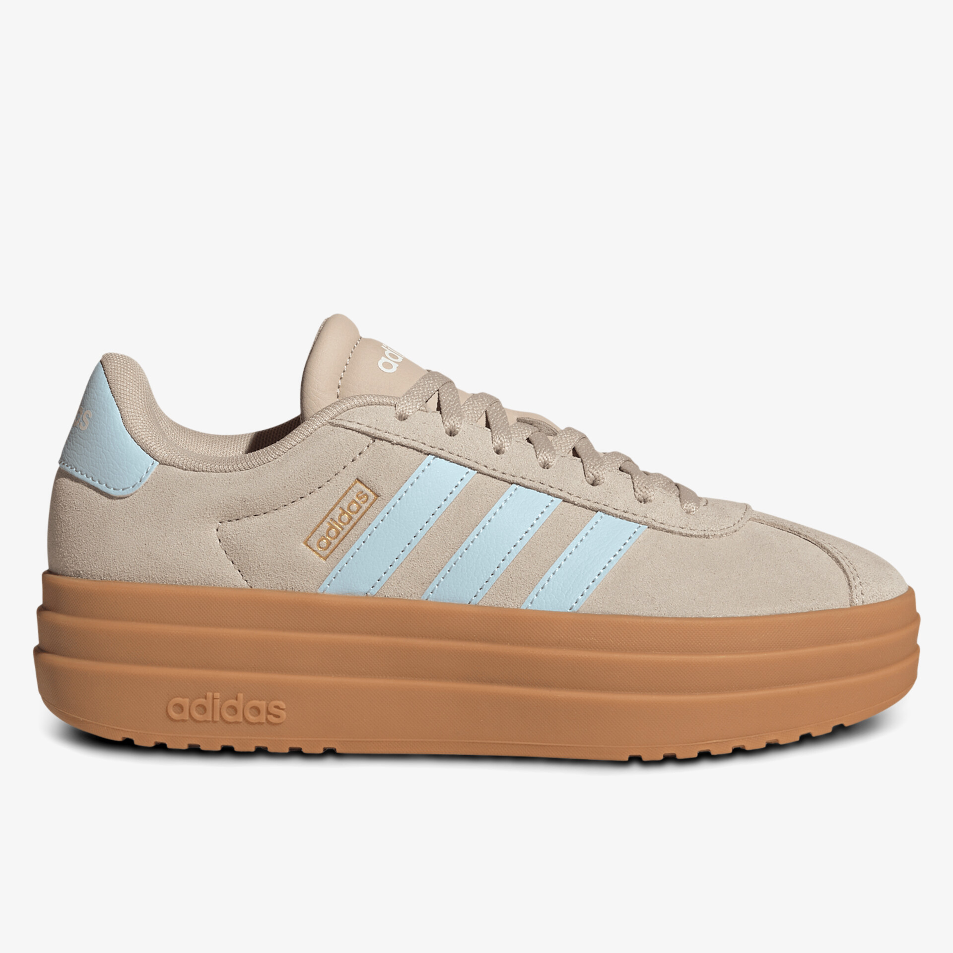 Plateauschuh mit dicker Sohle, beiges Obermaterial und drei blauen Streifen, bequemer Schnürschuh